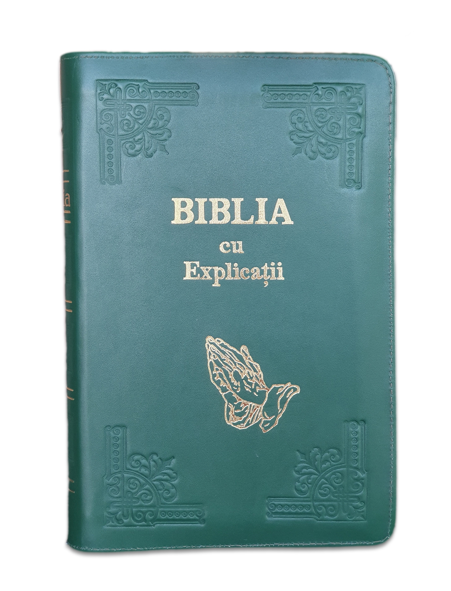 Biblia handmade, cu concordanta si explicatii, marime mare, piele, culoare verde iarba, fermoar, index, margini aurii, simbol maini in rugaciune, cuv. lui Isus cu rosu [CO 77 HMI]