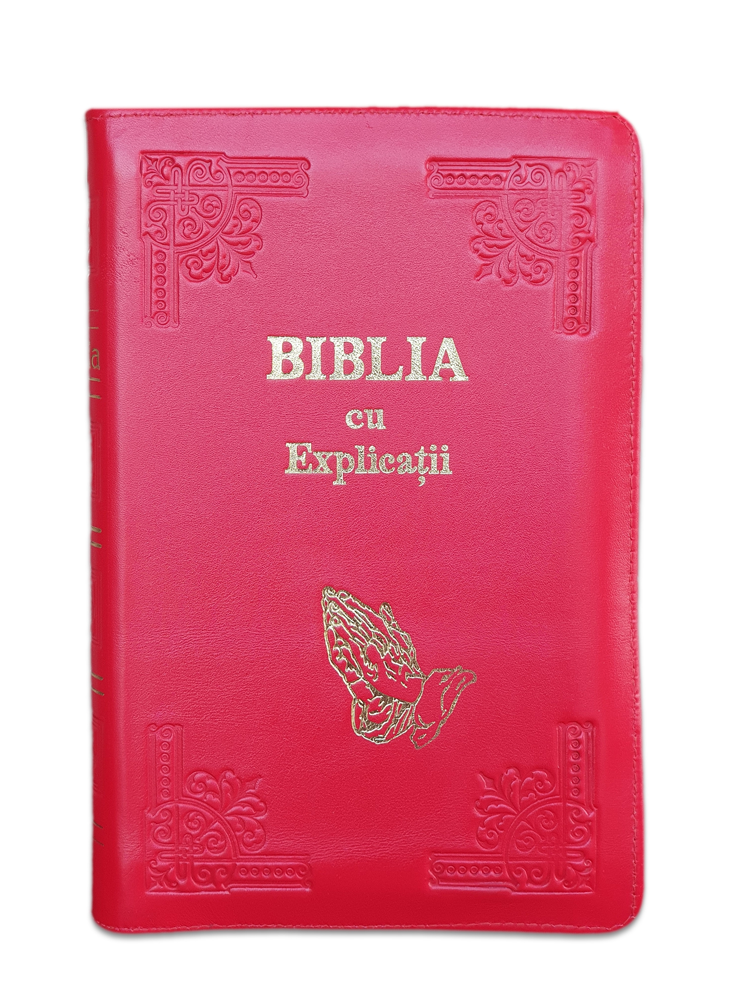 Biblia handmade, cu concordanta si explicatii, marime mare, piele, culoare rosie, fermoar, index, margini aurii, simbol maini in rugaciune, cuv. lui Isus cu rosu [CO 77 HMI]