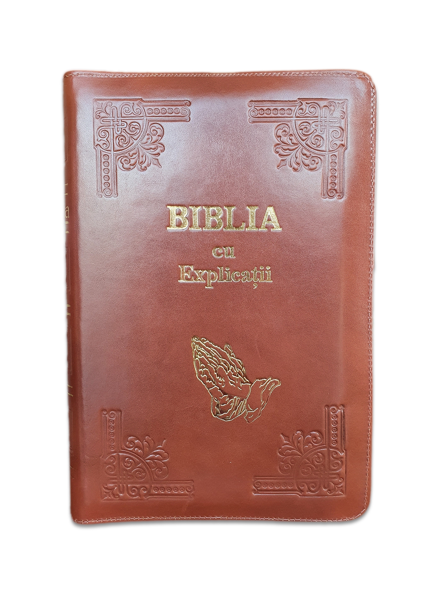 Biblia handmade, cu concordanta si explicatii, marime mare, piele, culoare maro, fermoar, index, margini aurii, simbol maini in rugaciune, cuv. lui Isus cu rosu [CO 77 HMI]