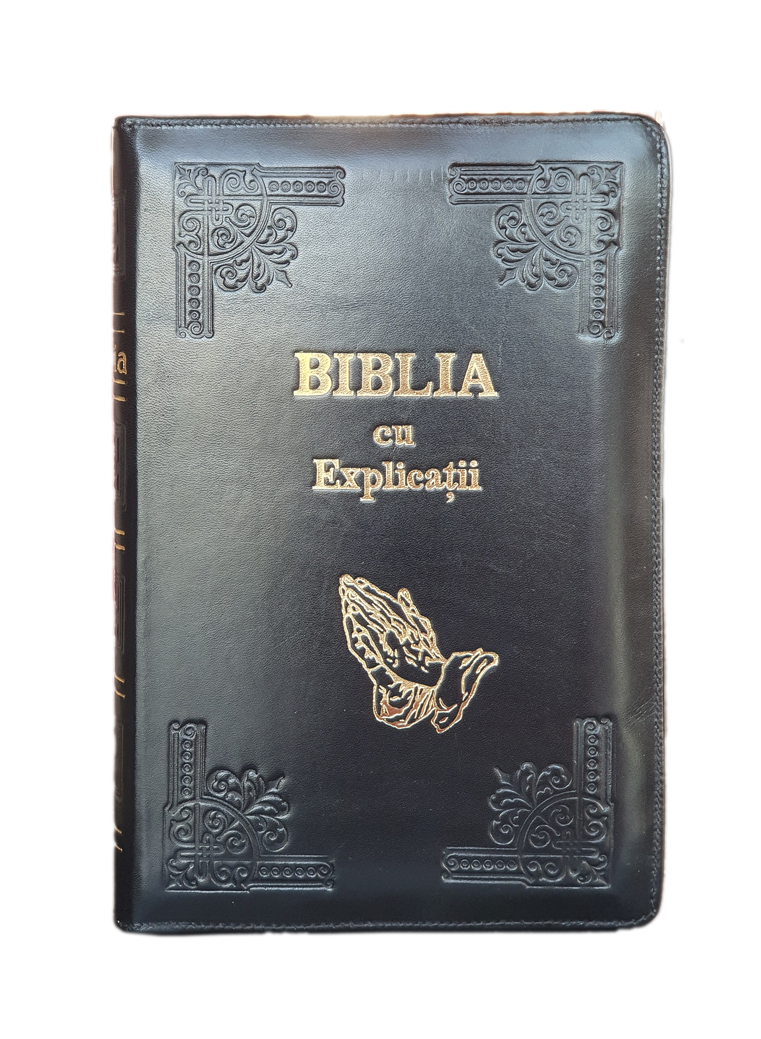 Biblia handmade, cu concordanta si explicatii, marime mare, piele, culoare neagra, fermoar, index, margini aurii, simbol maini in rugaciune, cuv. lui Isus cu rosu [CO 77 HMI]