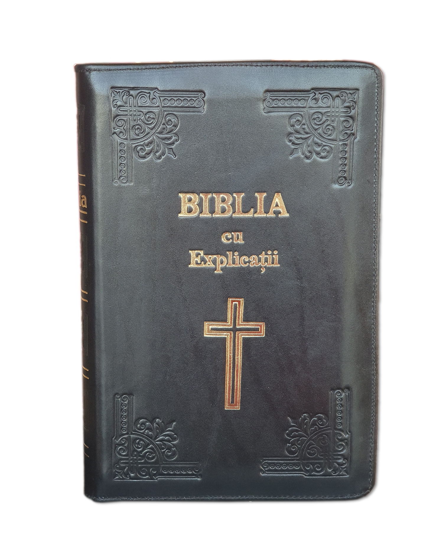 Biblia handmade, cu concordanta si explicatii, marime mare, piele, culoare neagra, fermoar, index, margini aurii, cu cruce, cuv. lui Isus cu rosu [CO 77 HMI]