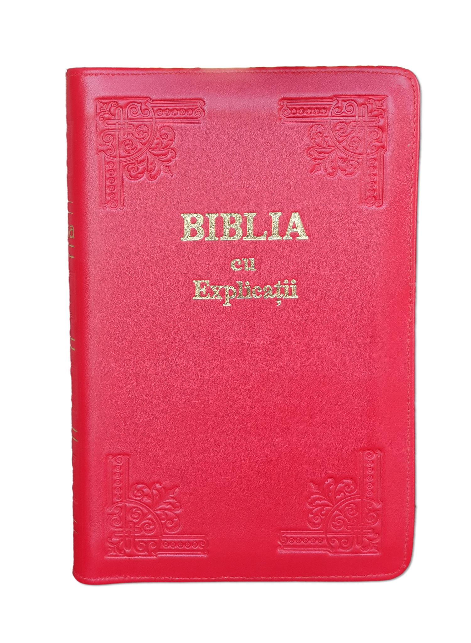 Biblia handmade, cu concordanta si explicatii, marime mare, piele, culoare rosie, fermoar, index, margini aurii, cuv. lui Isus cu rosu [CO 77 HMI]