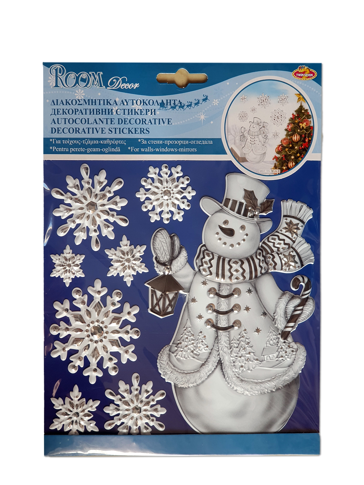 Autocolant decorativ 3D de Crăciun - Om de zapada si fulgi Autocolant decorativ 3D de Crăciun - Om de zapada si fulgi