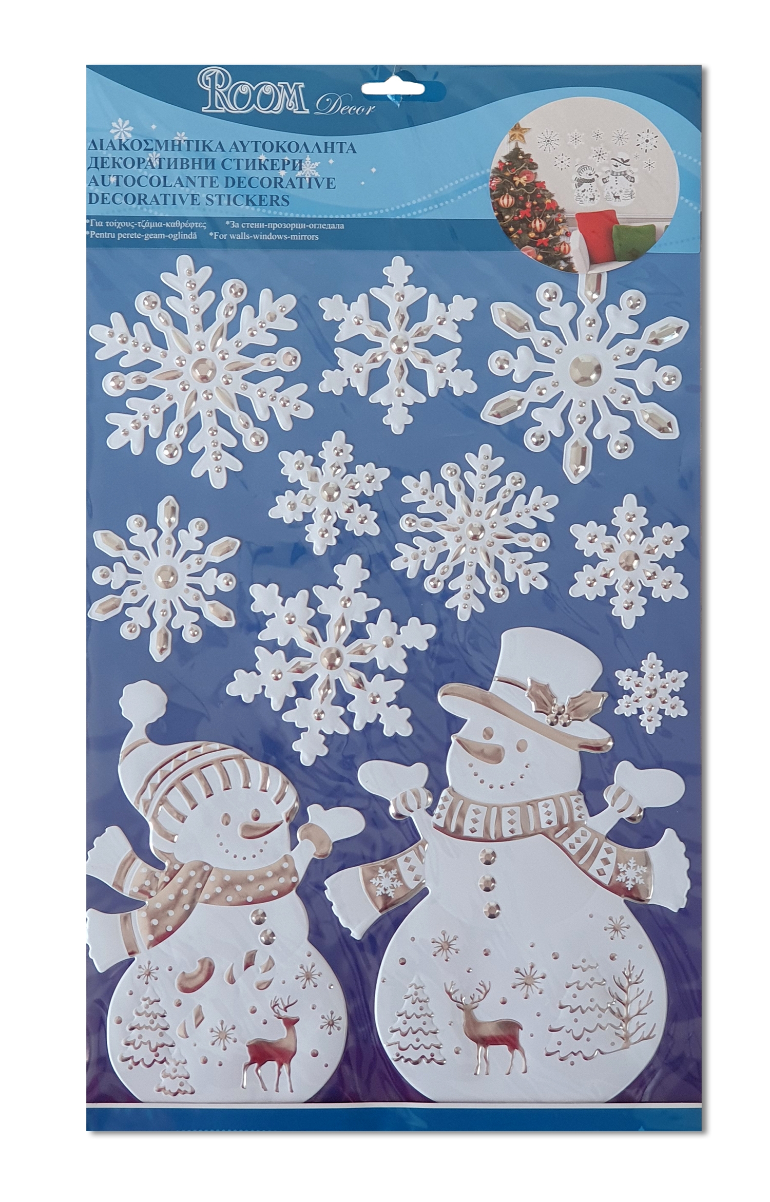 Autocolant decorativ 3D de Crăciun - Oameni de zapada, fulgi