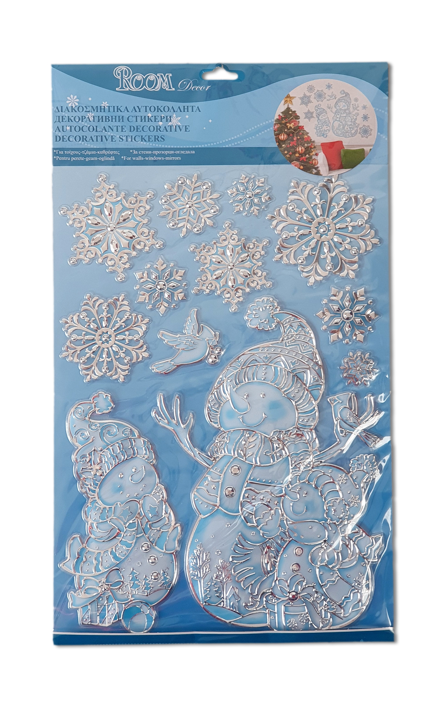 Autocolant decorativ 3D de Crăciun - Oameni de zapada, fulgi