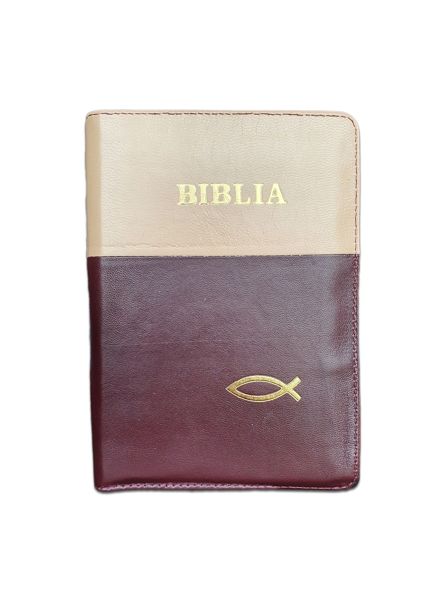 Biblie din piele, marime medie, culoare crem cu visiniu inchis, simbol peste, fermoar, index, margini aurii, cuv. lui Isus cu rosu [SB 057 PFI]