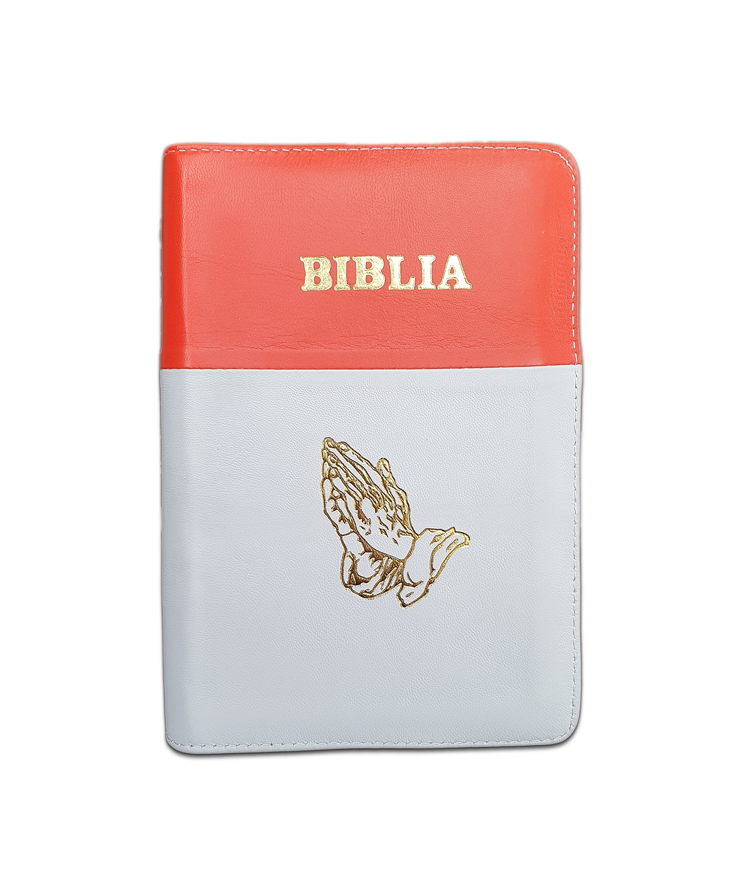 Biblie din piele, marime medie, culoare portocaliu cu alb, simbol maini in rugaciune, fermoar, index, margini aurii, cuv. lui Isus cu rosu [SB 057 PFI]