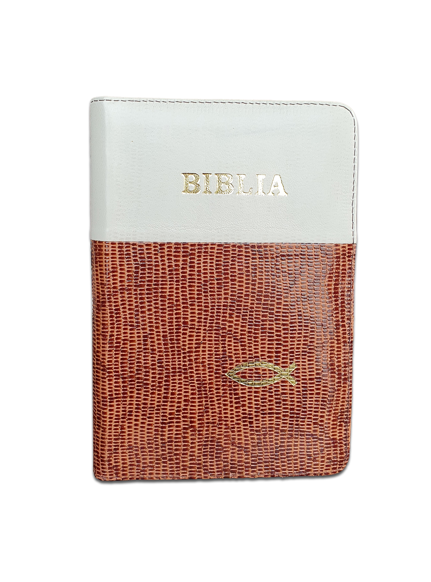 Biblie din piele, marime medie, culoare crem cu maro texturat, simbol peste, fermoar, index, margini aurii, cuv. lui Isus cu rosu [SB 057 PFI]
