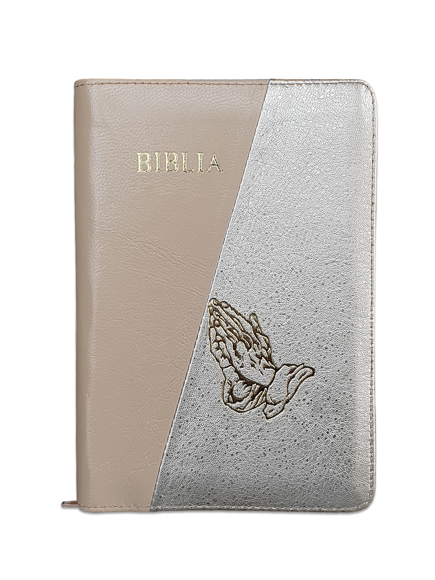 Biblie din piele, marime medie, culoare crem cu crem sidefat, simbol maini in rugaciune, fermoar, index, margini aurii, cuv. lui Isus cu rosu [SB 057 PFI]