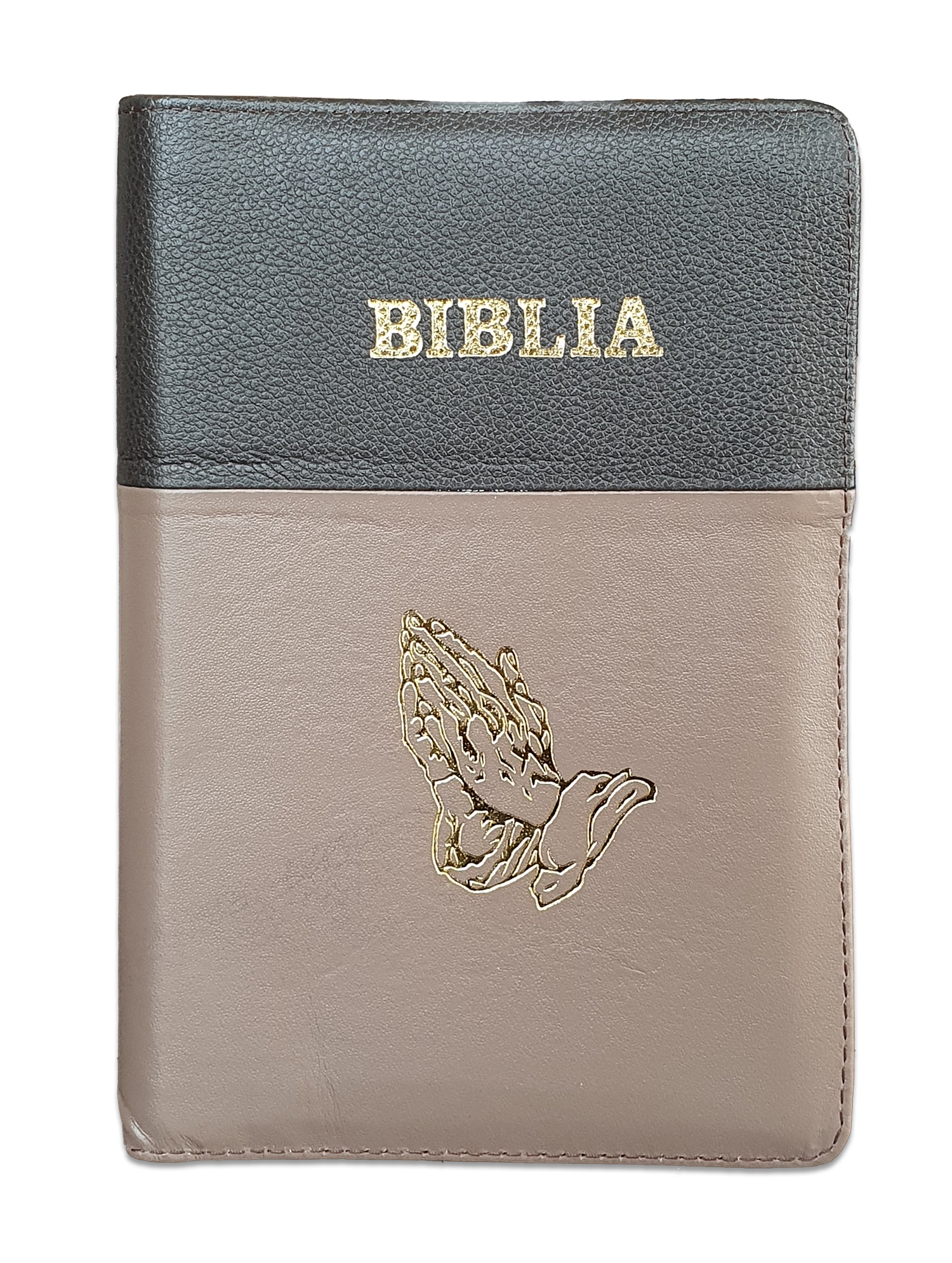 Biblie din piele, marime medie, culoare negru cu maro pamantiu, simbol maini in rugaciune, fermoar, index, margini aurii, cuv. lui Isus cu rosu [SB 057 PFI]