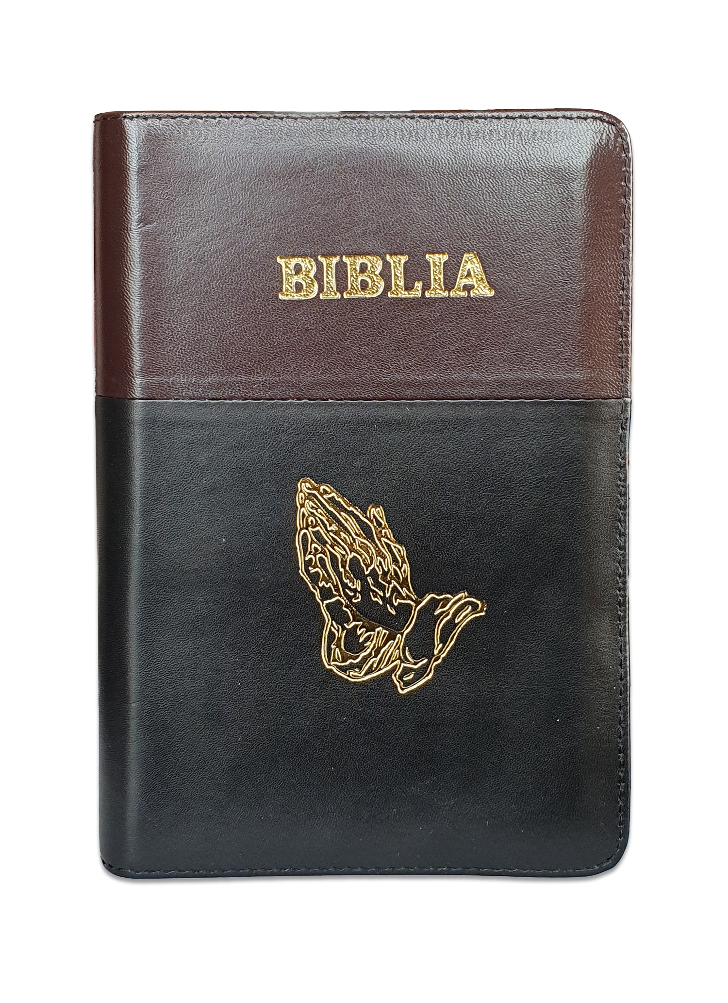 Biblie din piele, marime medie, culoare maro brun cu negru, simbol maini in rugaciune, fermoar, index, margini aurii, cuv. lui Isus cu rosu [SB 057 PFI]