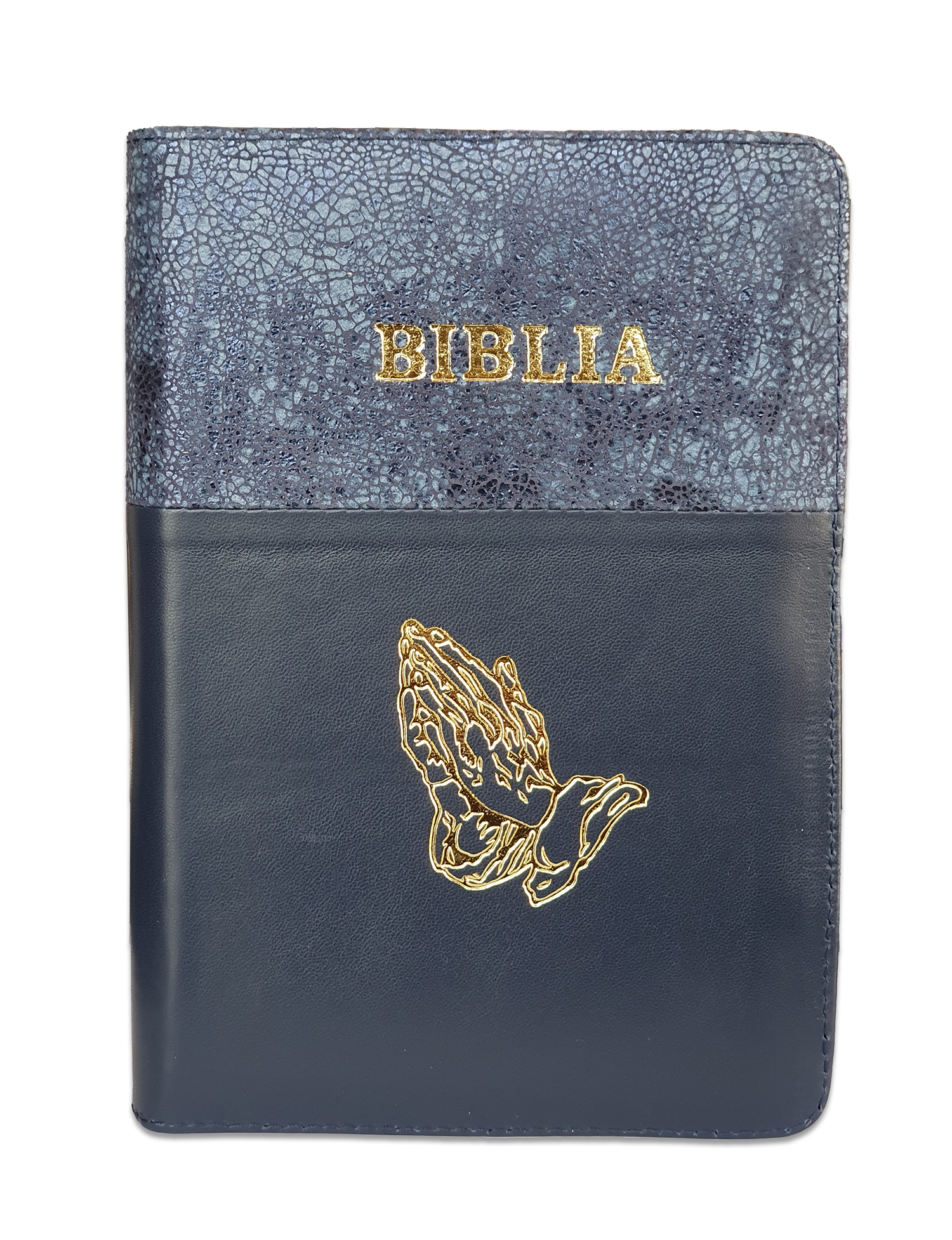 Biblie din piele, marime medie, culoare albastru texturat cu bleumarin inchis, simbol maini in rugaciune, fermoar, index, margini aurii, cuv. lui Isus cu rosu [SB 057 PFI]