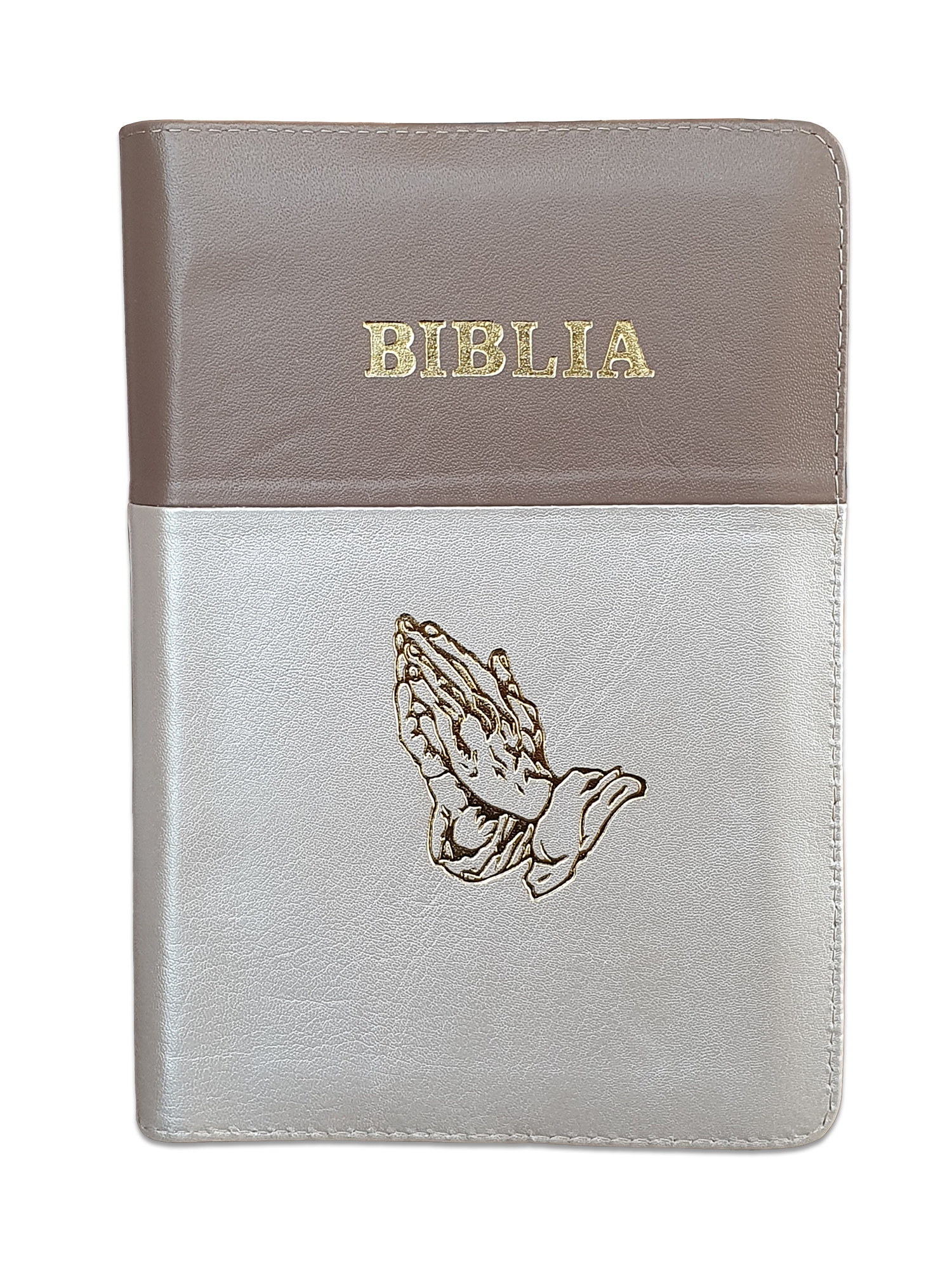 Biblie din piele, marime medie, culoare maro cu crem sidefat, simbol maini in rugaciune, fermoar, index, margini aurii, cuv. lui Isus cu rosu [SB 057 PFI]
