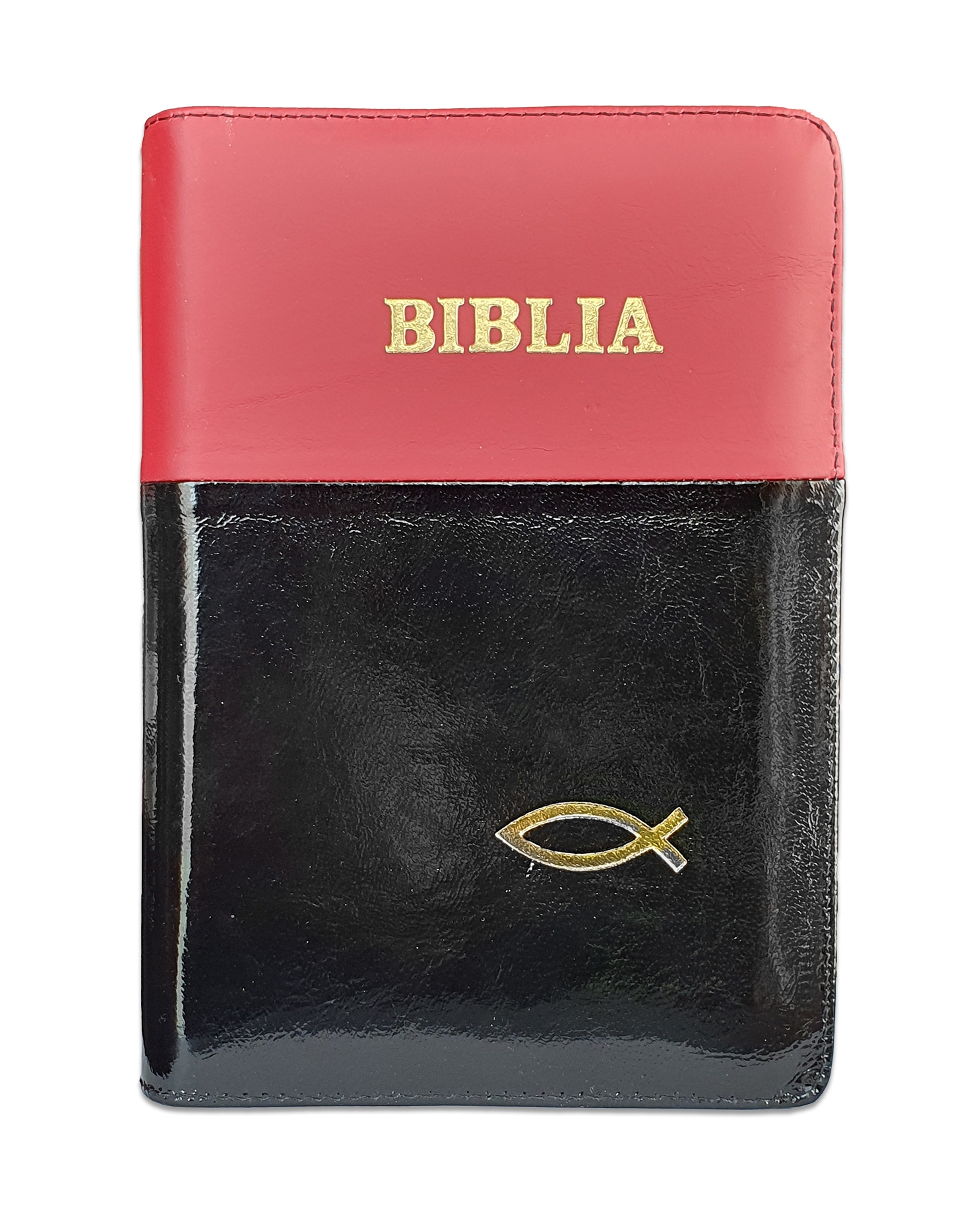 Biblie din piele, marime medie, culoare rosu cu negru lucios, simbol peste, fermoar, index, margini aurii, cuv. lui Isus cu rosu [SB 057 PFI]
