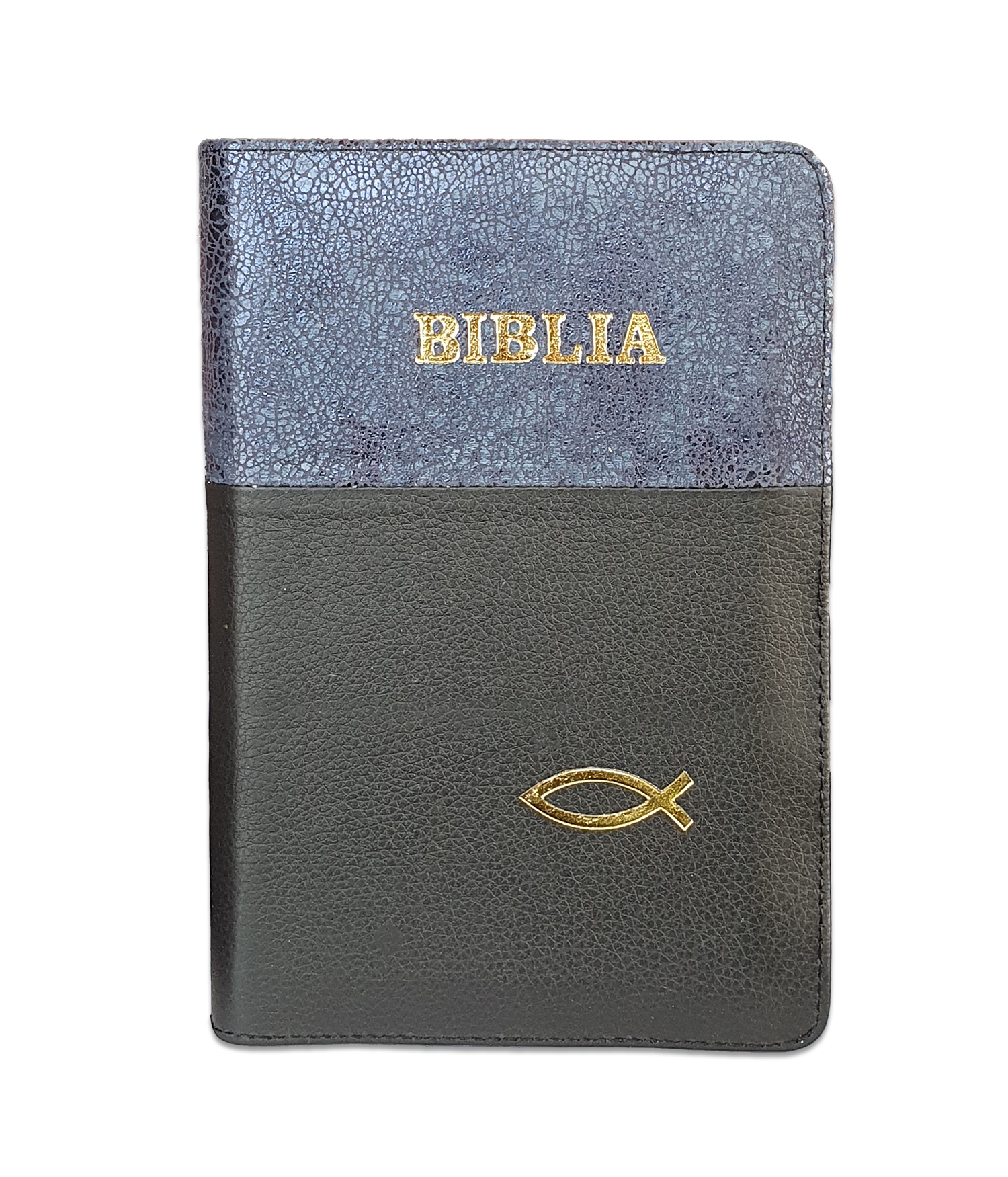Biblie din piele, marime medie, culoare albastru texturat cu negru, simbol peste, fermoar, index, margini aurii, cuv. lui Isus cu rosu [SB 057 PFI]