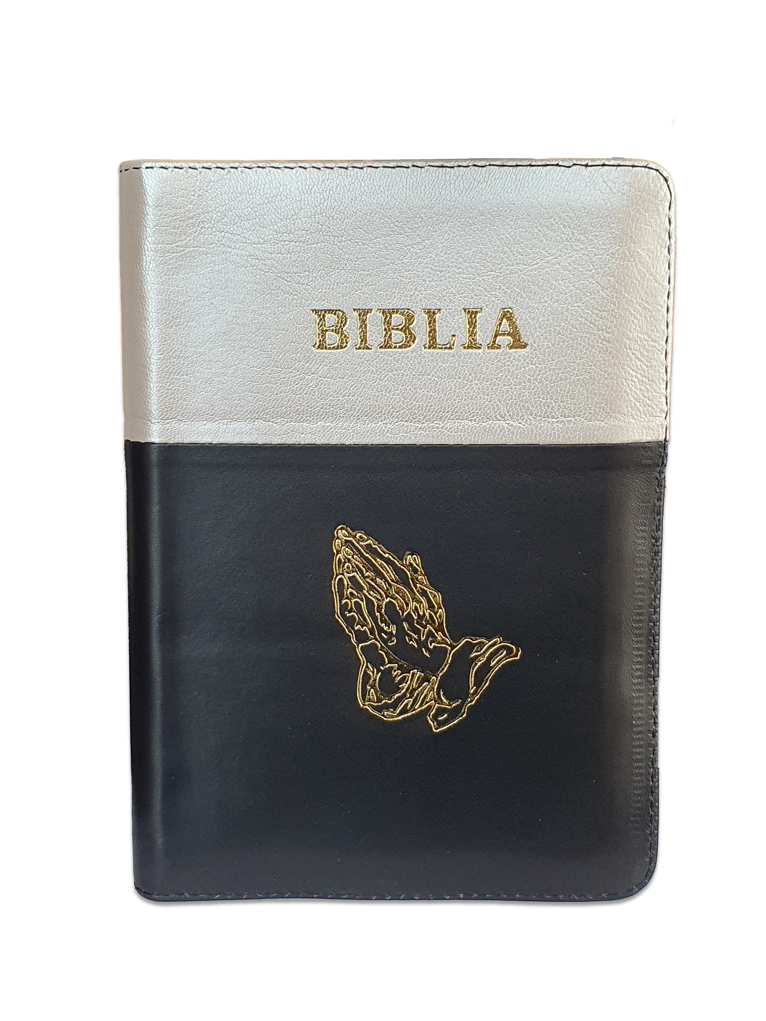 Biblie din piele, marime medie, culoare crem cu negru, simbol maini in rugaciune, fermoar, index, margini aurii, cuv. lui Isus cu rosu [SB 057 PFI]