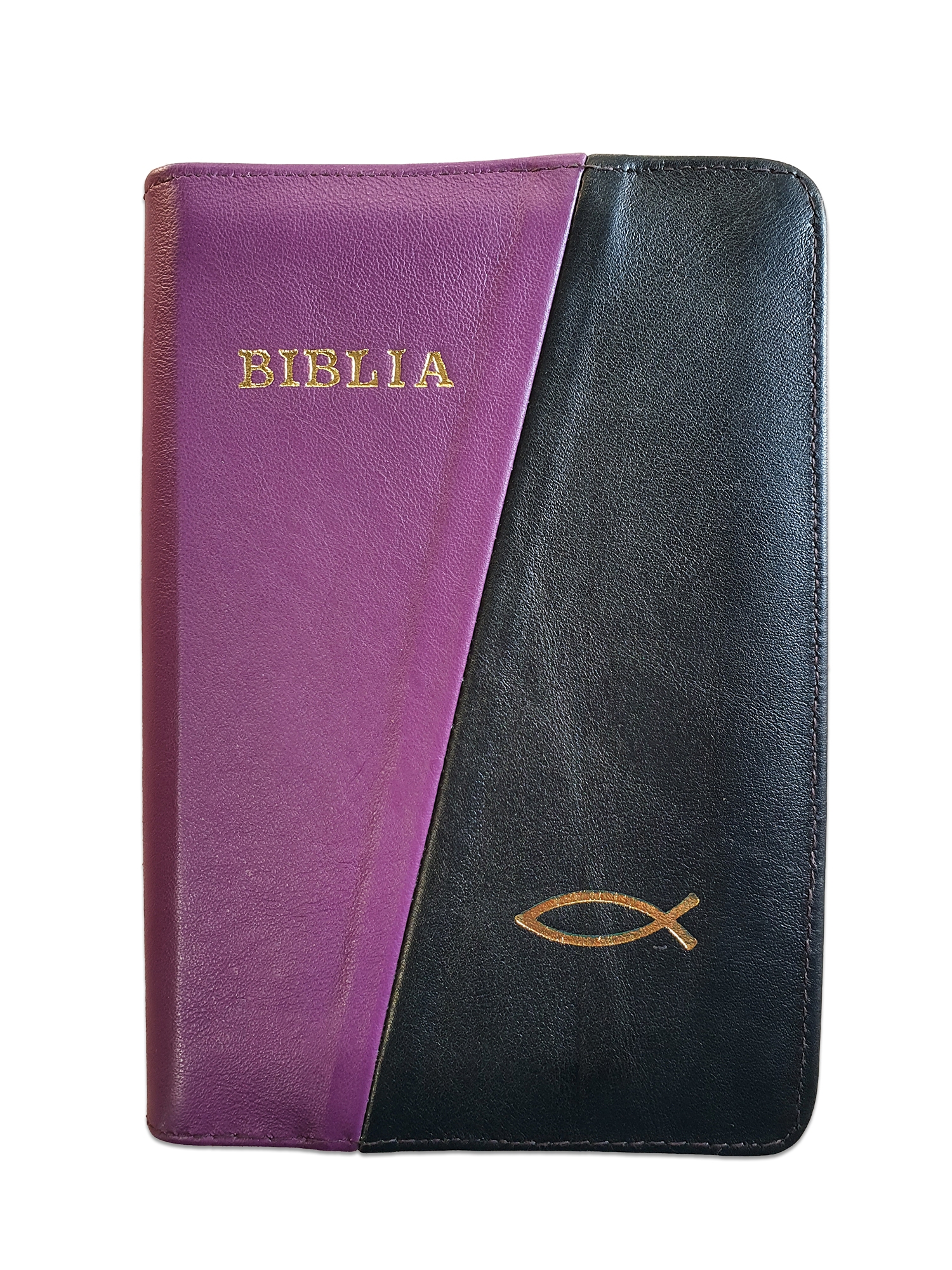 Biblia din piele, marime medie, culoare mov cu negru, fermoar, margini aurii, simbol peste, cuv. lui Isus cu rosu [052]