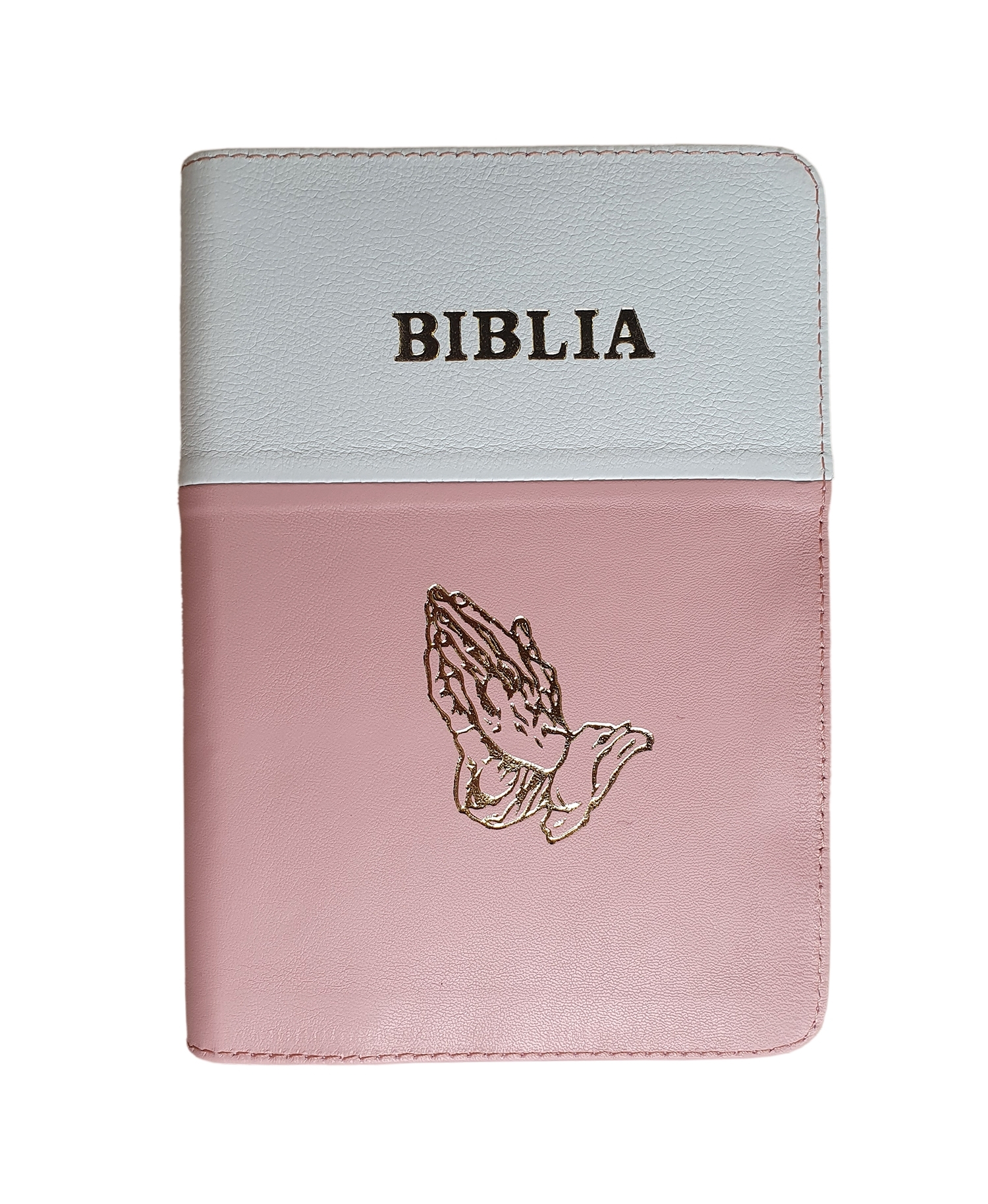 Biblia mica, coperta piele, culoare alb cu roz, index, fermoar, margini aurii,  simbolul maini, cuv. lui Isus in rosu [047 PFI]