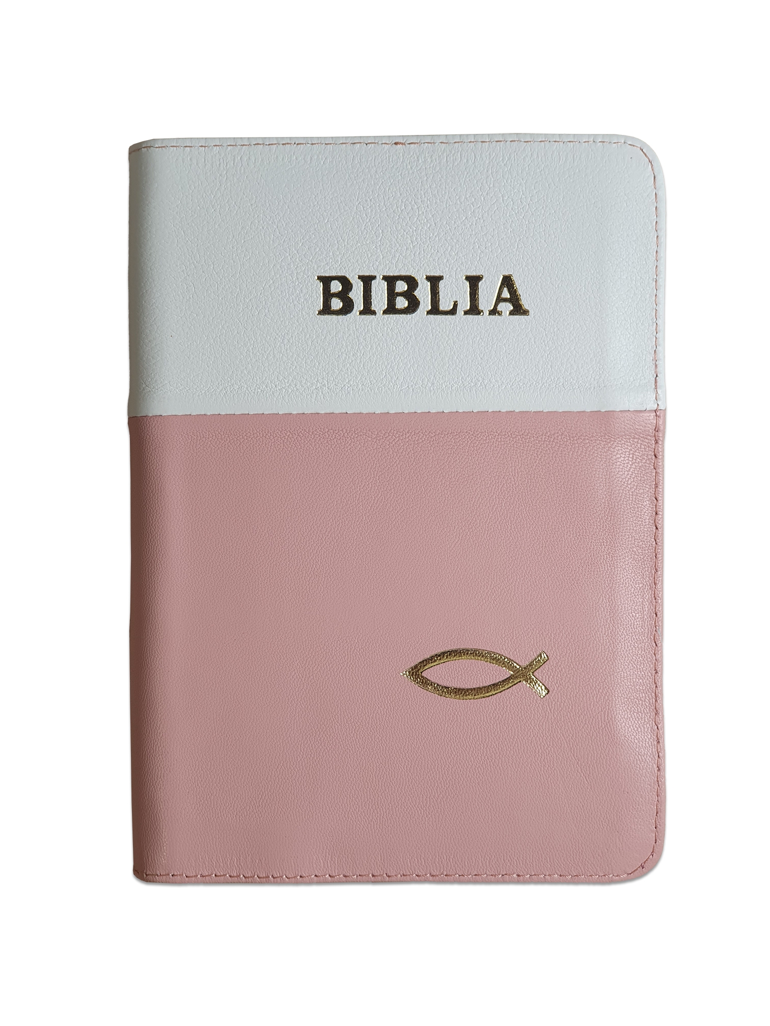 Biblia din piele, marime medie, culoare alb cu roz pudra, fermoar, margini aurii, simbol peste, cuv. lui Isus cu rosu [052]