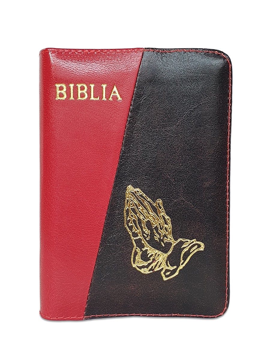 Biblia format mic, din piele, rosu/negru, index, fermoar, margini argintii, cu maini in ruga cuv. lui Isus in rosu [047 PFI]
