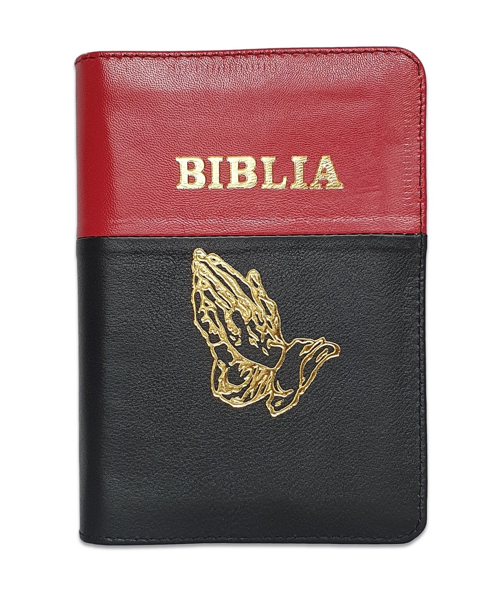 Biblia format mic, din piele, rosu-negru, index, fermoar, margini argintii, cu maini in ruga cuv. lui Isus in rosu [047 PFI]