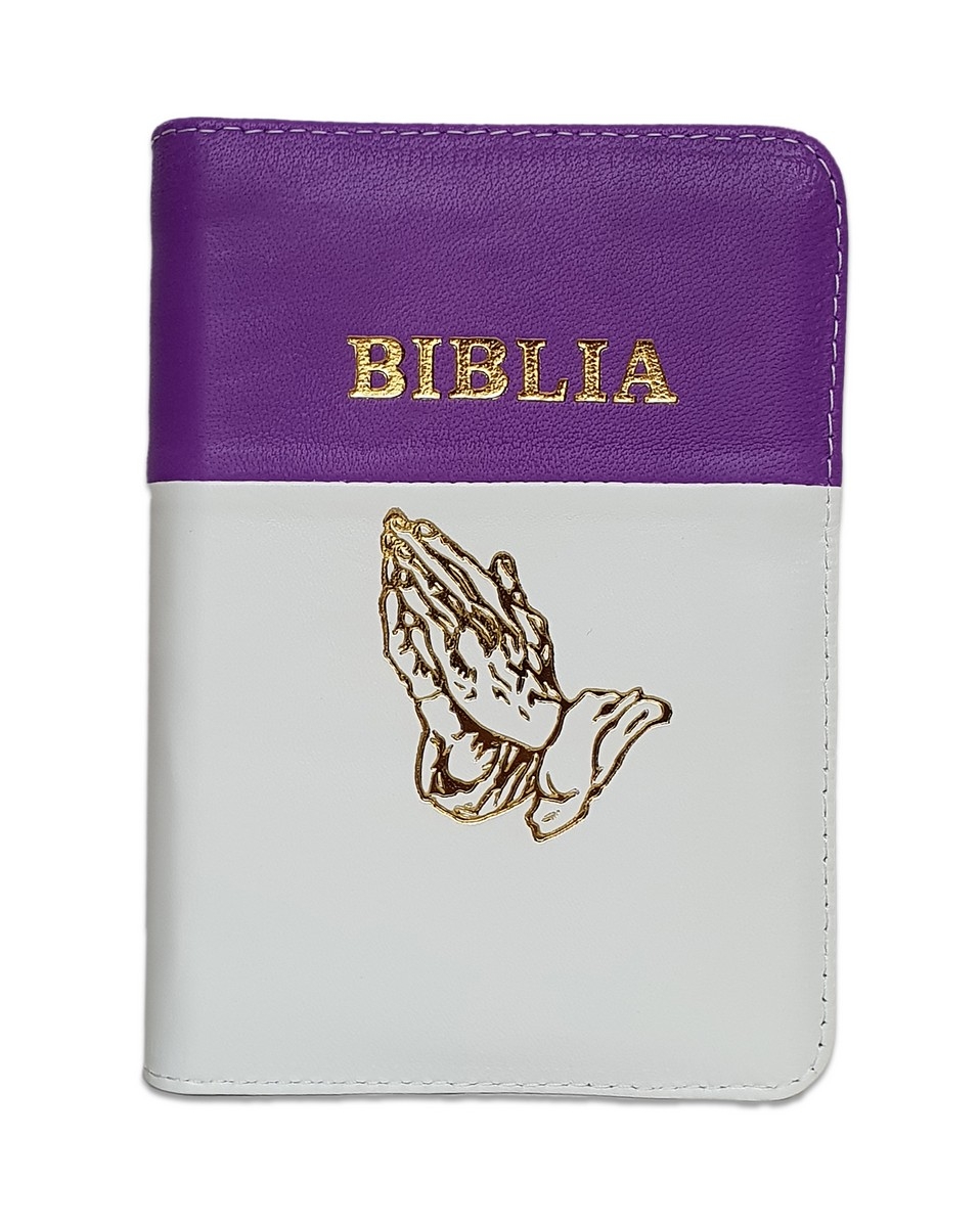 Biblia format mic, din piele, mov-alb, index, fermoar, margini argintii, cu maini in ruga cuv. lui Isus in rosu [047 PFI]