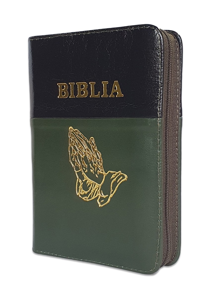 Biblia format mic, din piele, negru-verde, index, fermoar, margini argintii, cu maini in ruga cuv. lui Isus in rosu [047 PFI]