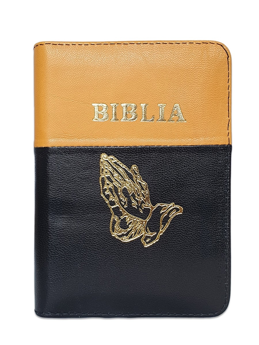 Biblia format mic, din piele, portocaliu-negru, index, fermoar, margini argintii, cu maini in ruga cuv. lui Isus in rosu [047 PFI]