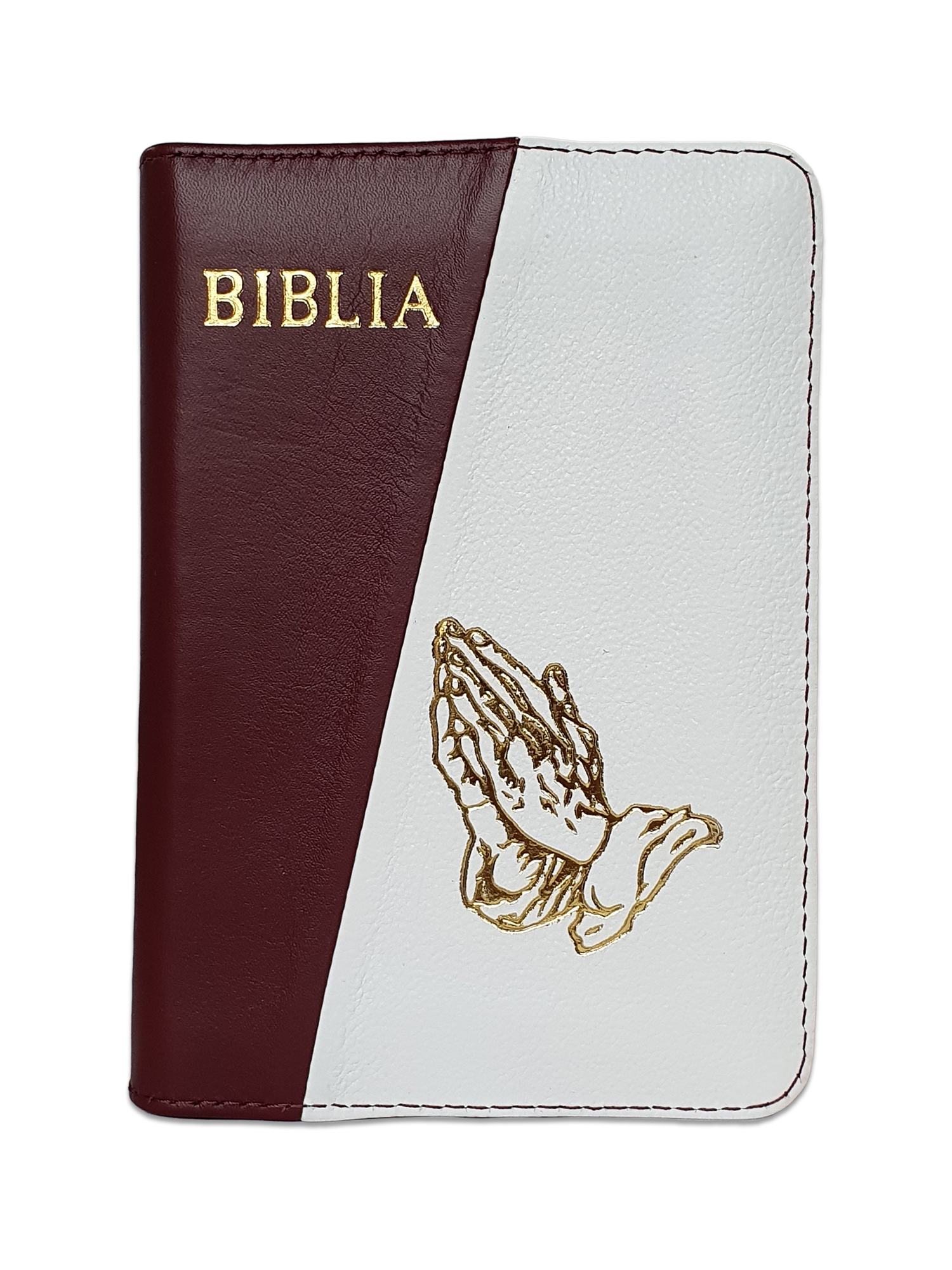 Biblie din piele,marime mica, culoare visiniu inchis cu alb, fermoar, margini albe, simbolul maini in rugaciune, cuv. lui Isus in rosu [043 PF]