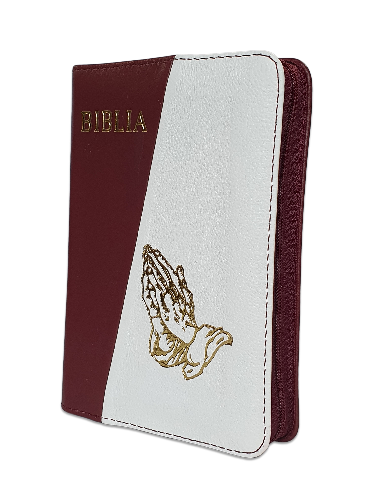 Biblia format mic, din piele, culoare visiniu/alb, index, fermoar, margini argintii, cu maini in ruga cuv. lui Isus in rosu [047 PFI]