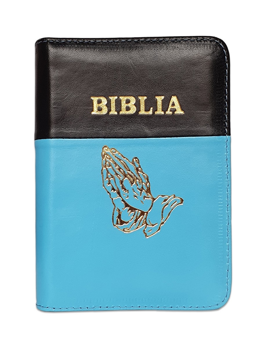 Biblia format mic, din piele, negru-albastru, index, fermoar, margini argintii, cu maini in ruga cuv. lui Isus in rosu [047 PFI]