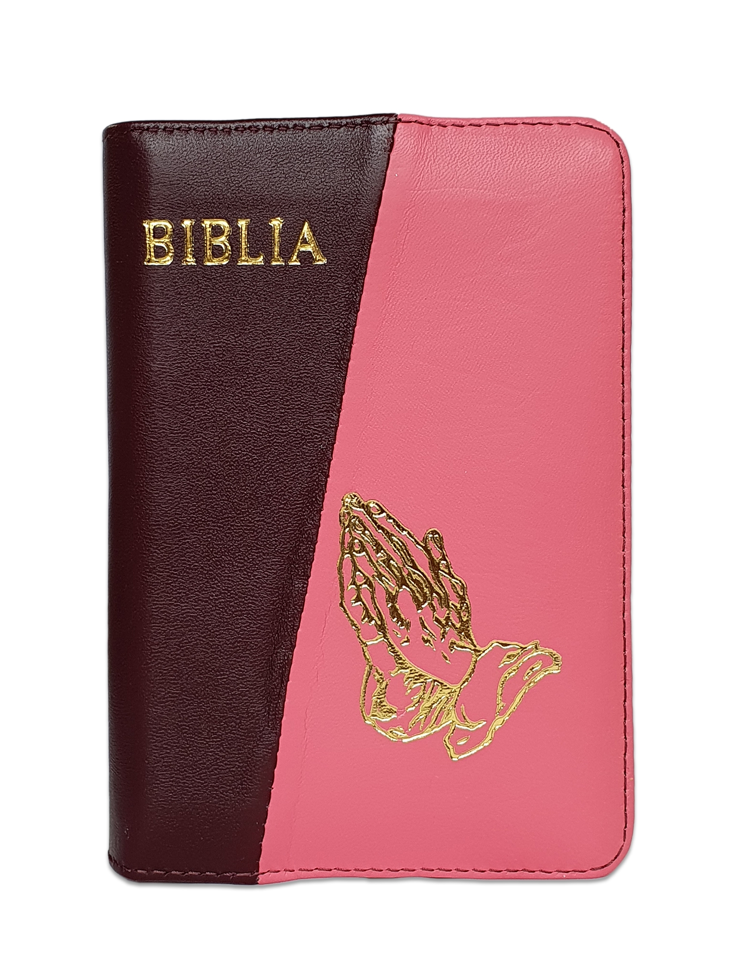Biblie din piele,marime mica, culoare visiniu inchis cu roz, fermoar, margini albe, simbolul maini in rugaciune, cuv. lui Isus in rosu [043 PF]