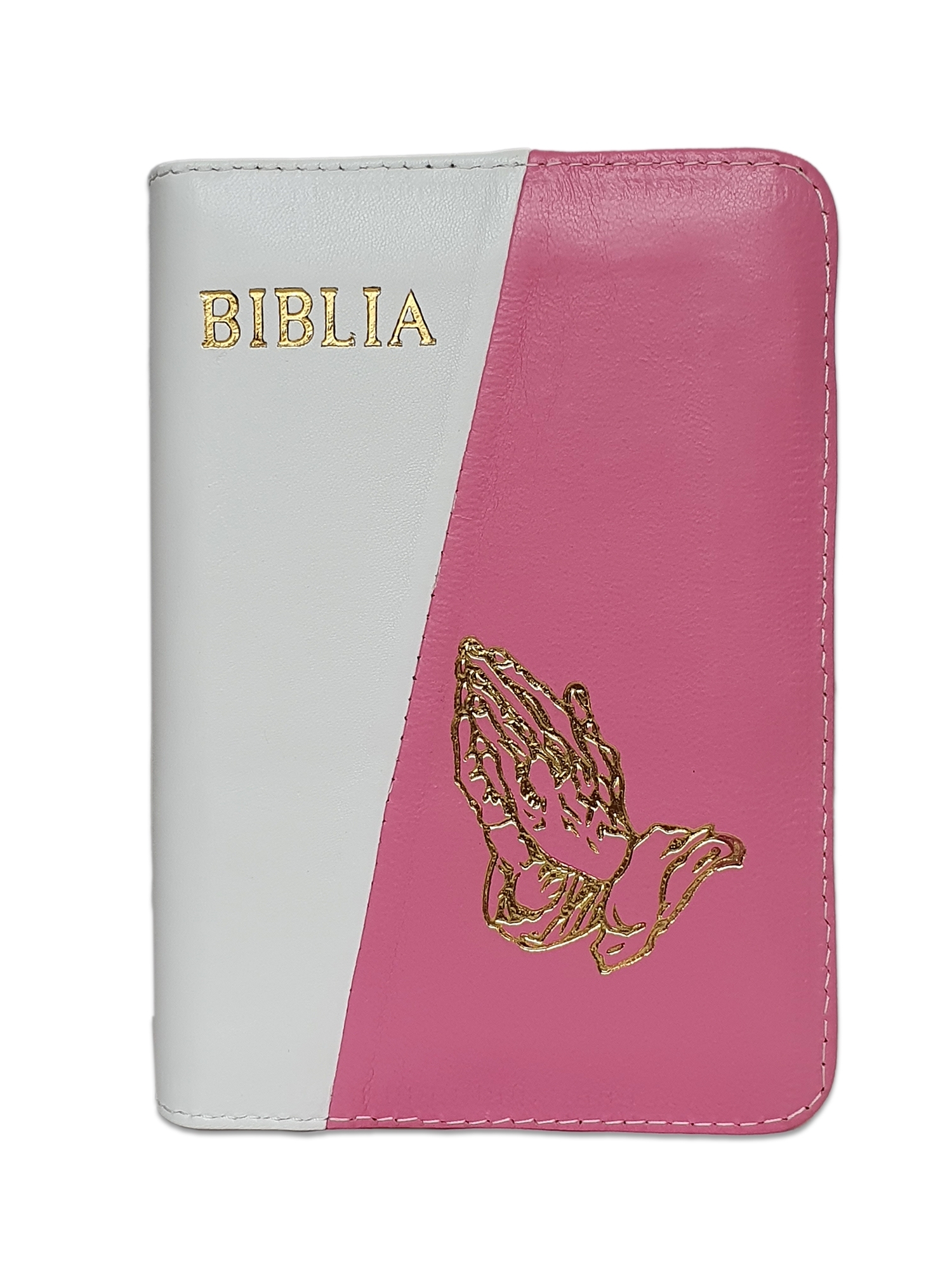 Biblie din piele, marime medie, culoare, alb cu roz, fermoar, margini albe, simbol maini in rugaciune, cuv. lui Isus cu rosu [053]