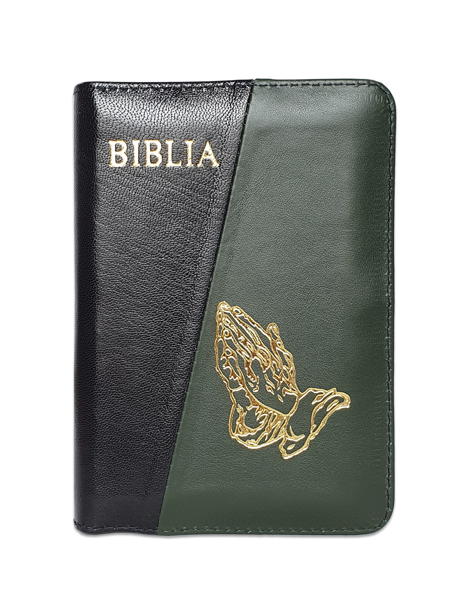 Biblie din piele,marime mica, culoare negru cu verde iarba, fermoar, margini albe, simbolul maini in rugaciune, cuv. lui Isus in rosu [043 PF]