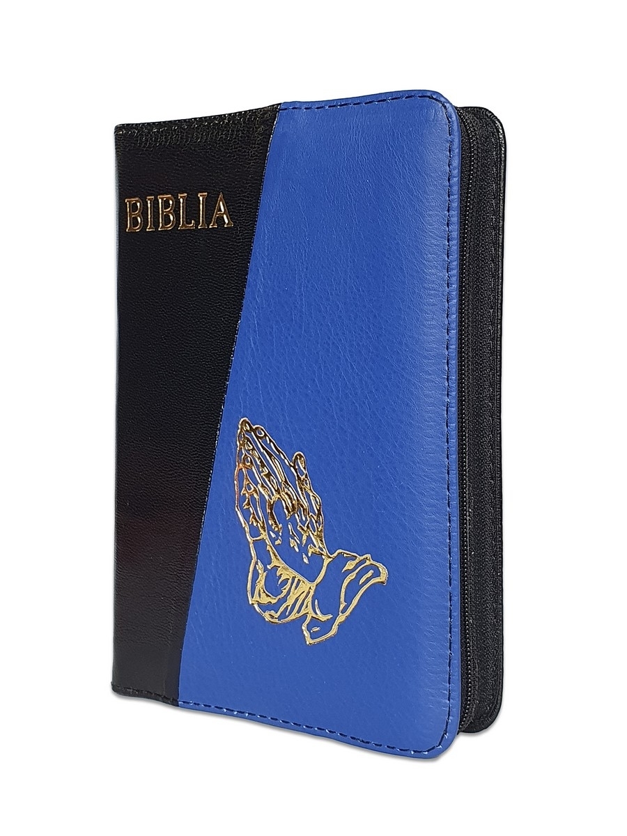 Biblia format mic, din piele, negru/indigo, index, fermoar, margini argintii, simbol maini in ruga, cuv. lui Isus in rosu [047 PFI]