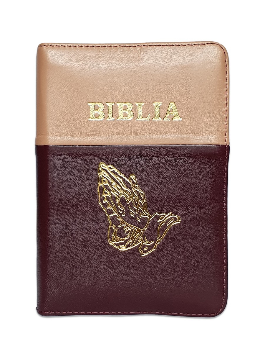 Biblia format mic, din piele, maro-visiniu, index, fermoar, margini argintii, cu maini in ruga cuv. lui Isus in rosu [047 PFI]