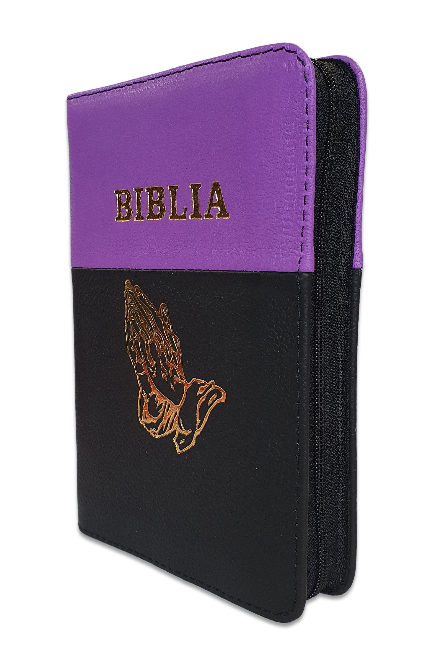 Biblia format mic, din piele, mov-negru, index, fermoar, margini argintii, cu maini in ruga cuv. lui Isus in rosu [047 PFI]
