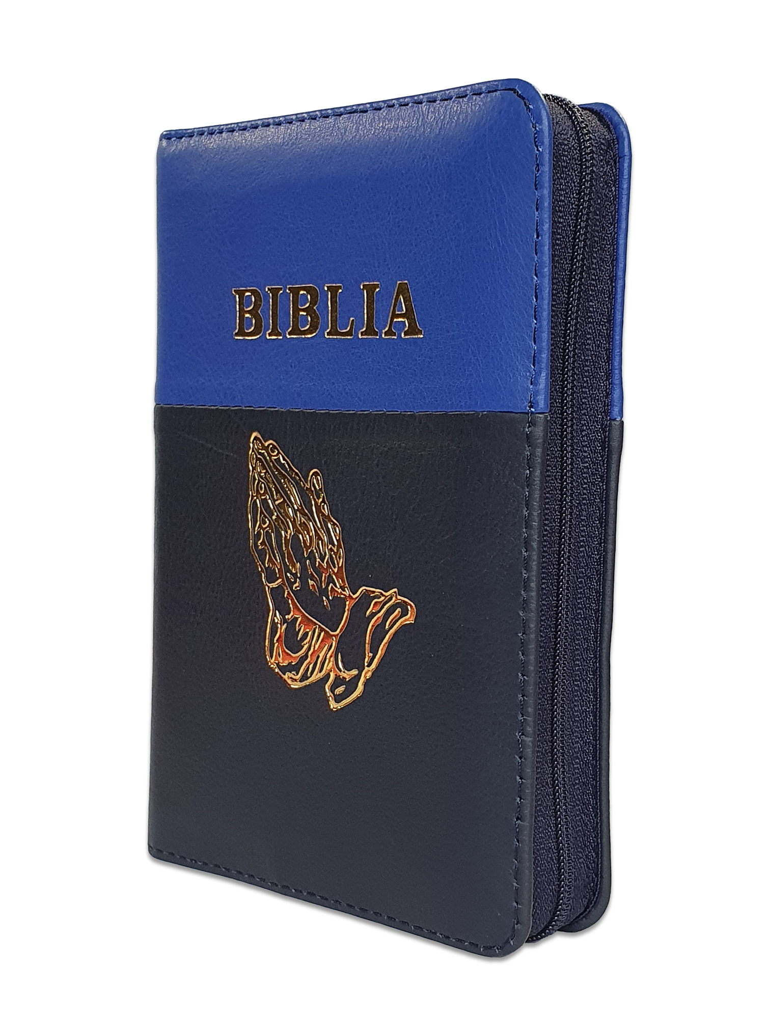 Biblie din piele, marime medie, culoare albastru cu negru, simbol maini in rugaciune, fermoar, index, margini aurii, cuv. lui Isus cu rosu [SB 057 PFI]