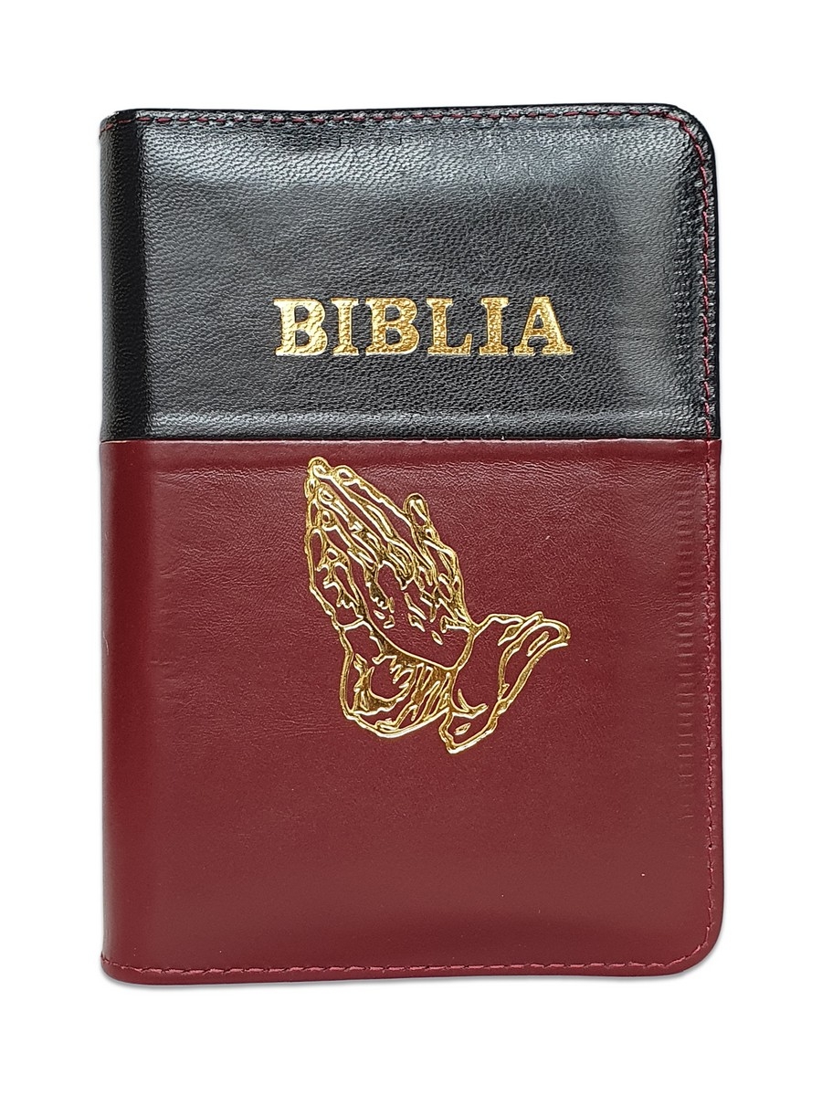 Biblia format mic, din piele, negru-visiniu, index, fermoar, margini argintii, cu maini in ruga cuv. lui Isus in rosu [047 PFI]