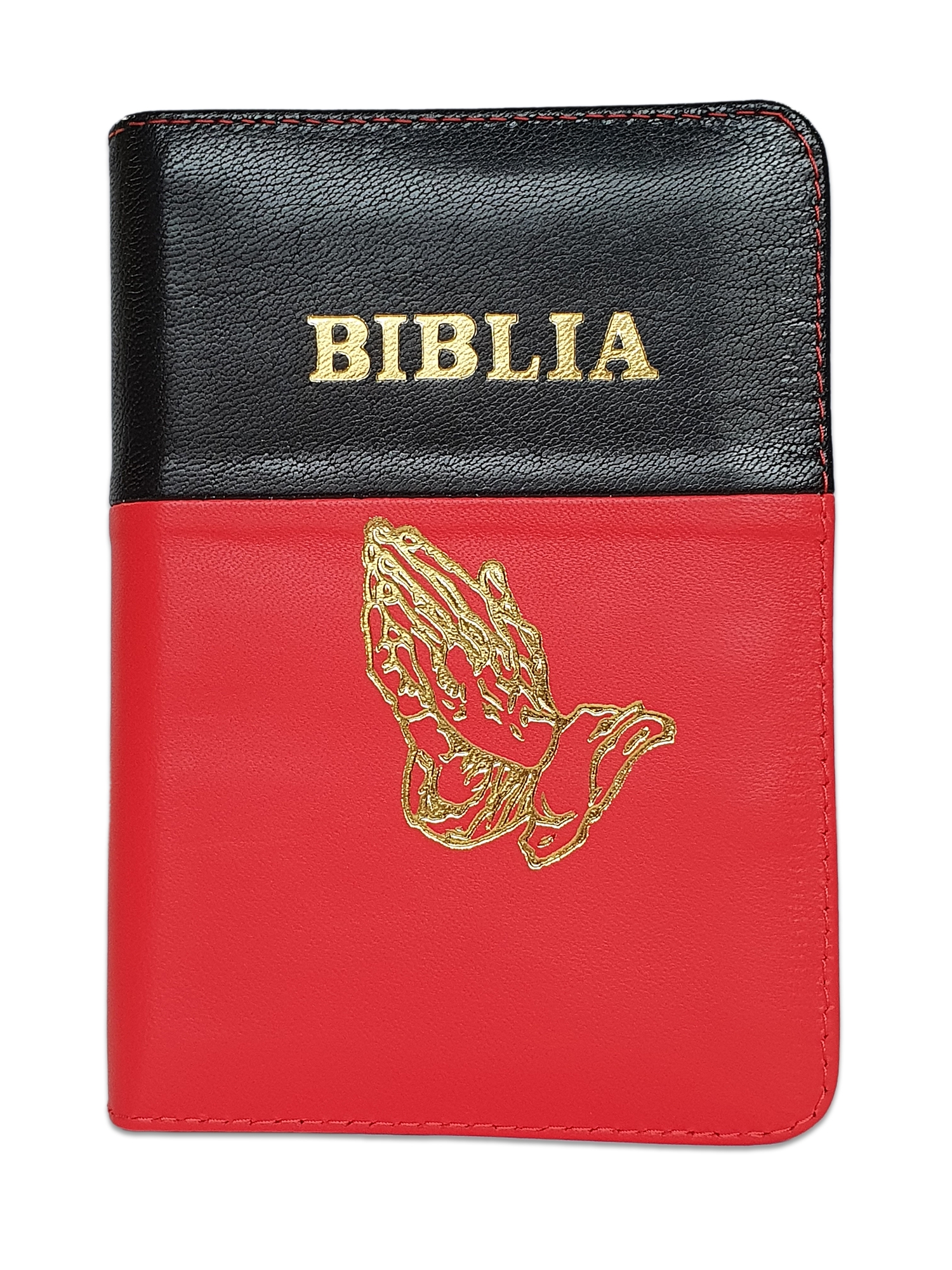 Biblie din piele,marime mica, culoare negru cun rosu, fermoar, margini albe, simbolul maini in rugaciune, cuv. lui Isus in rosu [043 PF]