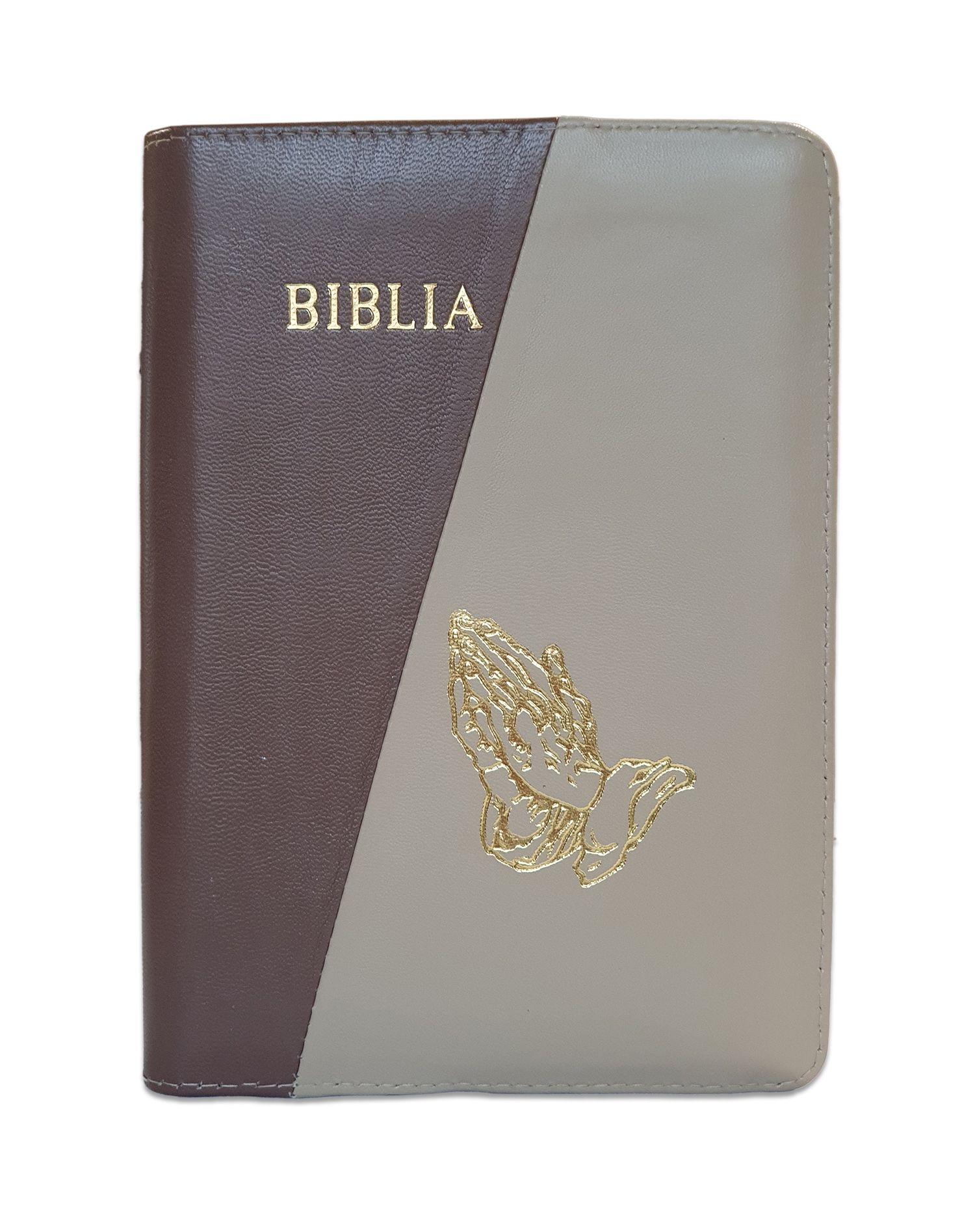 Biblie din piele, marime medie, culoare maro cu gri, fermoar, maini in rugaciune, margini albe,cuv. lui Isus cu rosu [053]