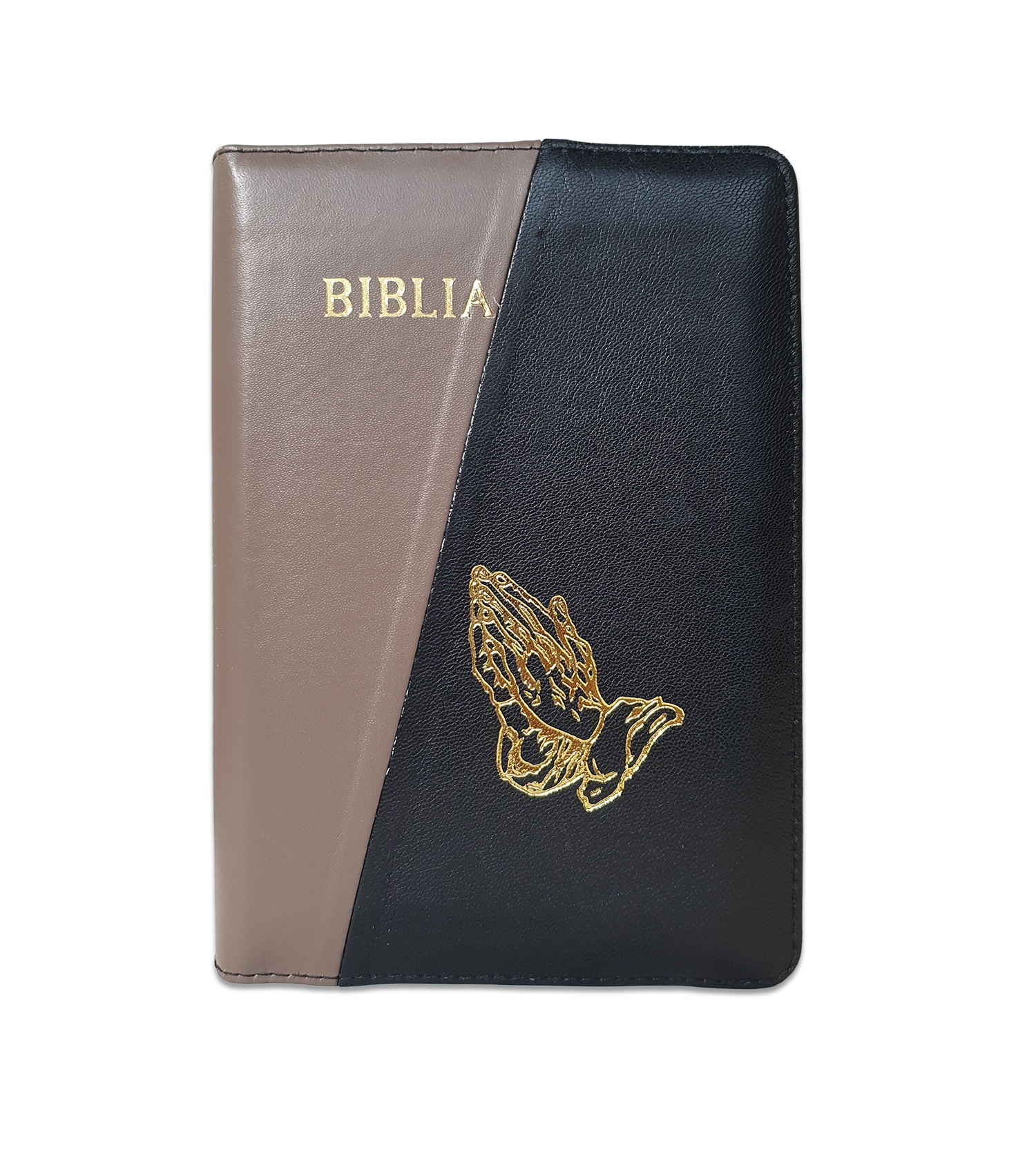 Biblie din piele, marime medie, culoare gri cu negru, fermoar, maini in rugaciune, margini albe,cuv. lui Isus cu rosu [053]
