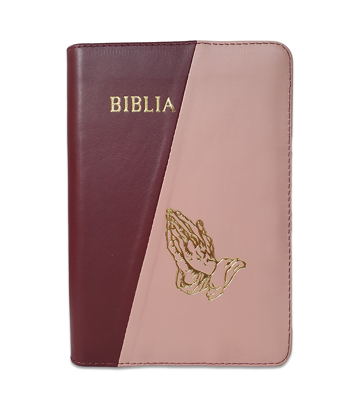 Biblie din piele, marime medie, culoare visiniu inchis cu roz, fermoar, maini in rugaciune, margini albe,cuv. lui Isus cu rosu [053]