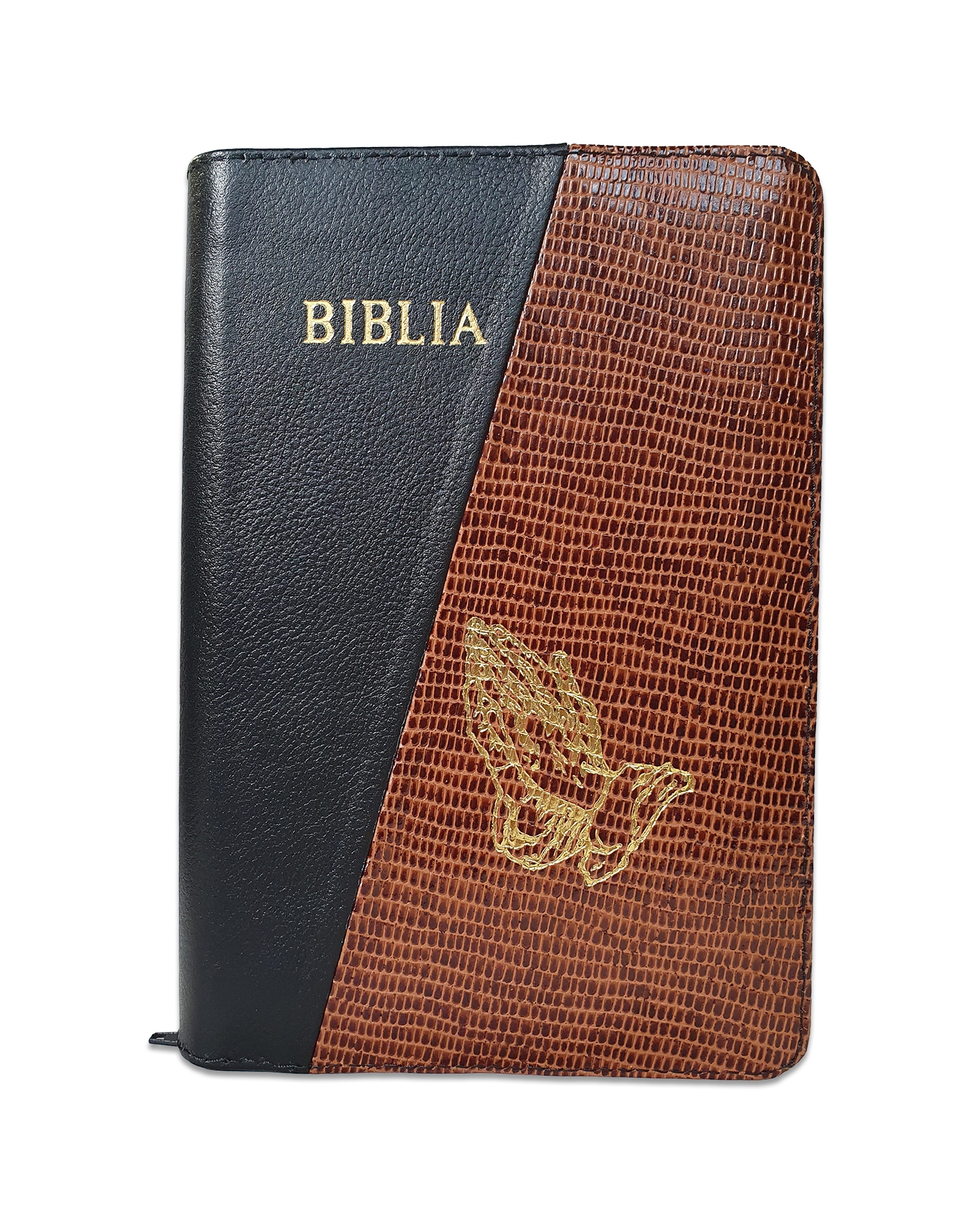 Biblie din piele, marime medie, culoare negru cu maro texturat, fermoar, maini in rugaciune, margini albe,cuv. lui Isus cu rosu [053]