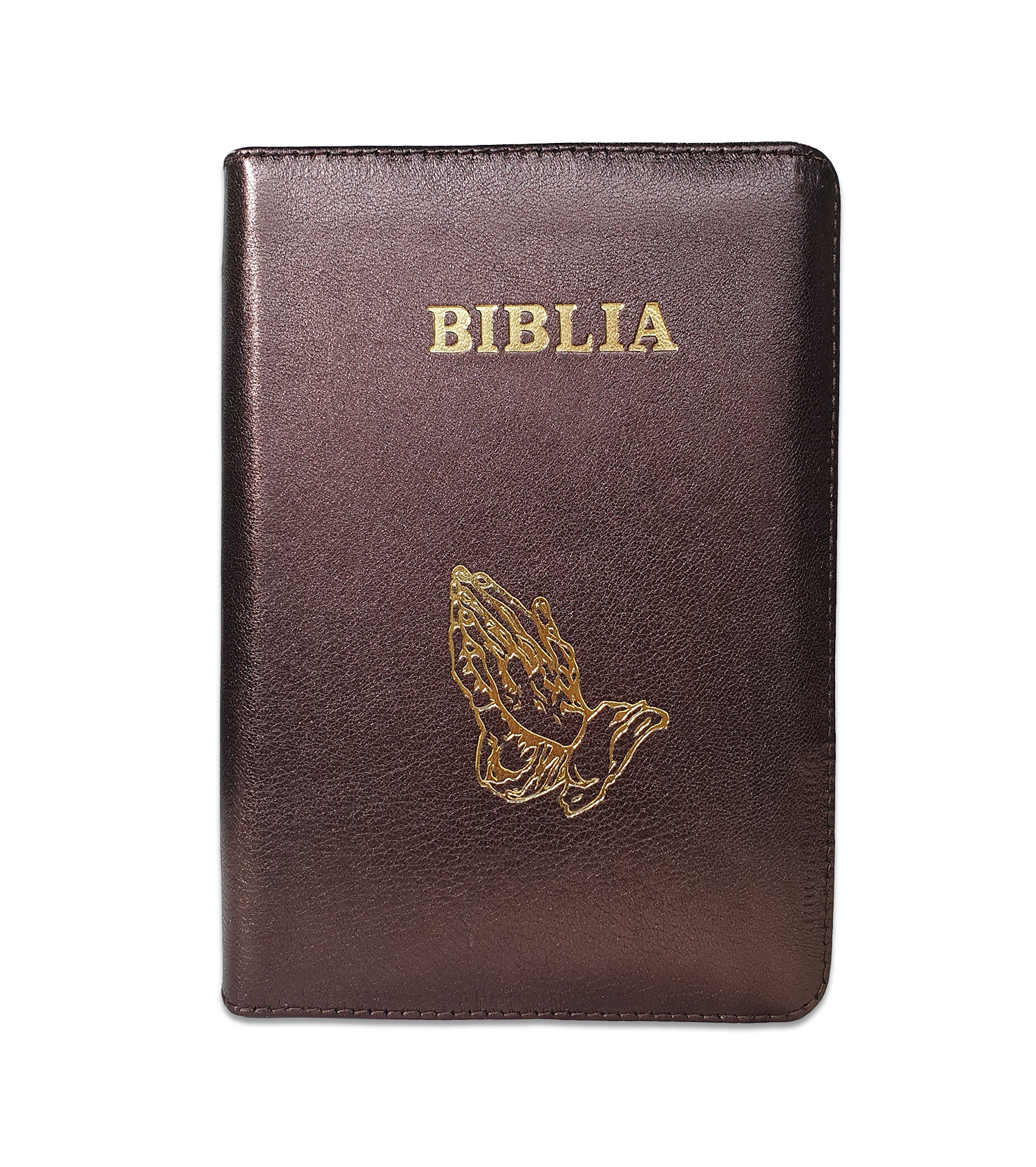 Biblie din piele, marime medie, culoare maro sidefat, fermoar, maini in rugaciune, margini albe,cuv. lui Isus cu rosu [053]