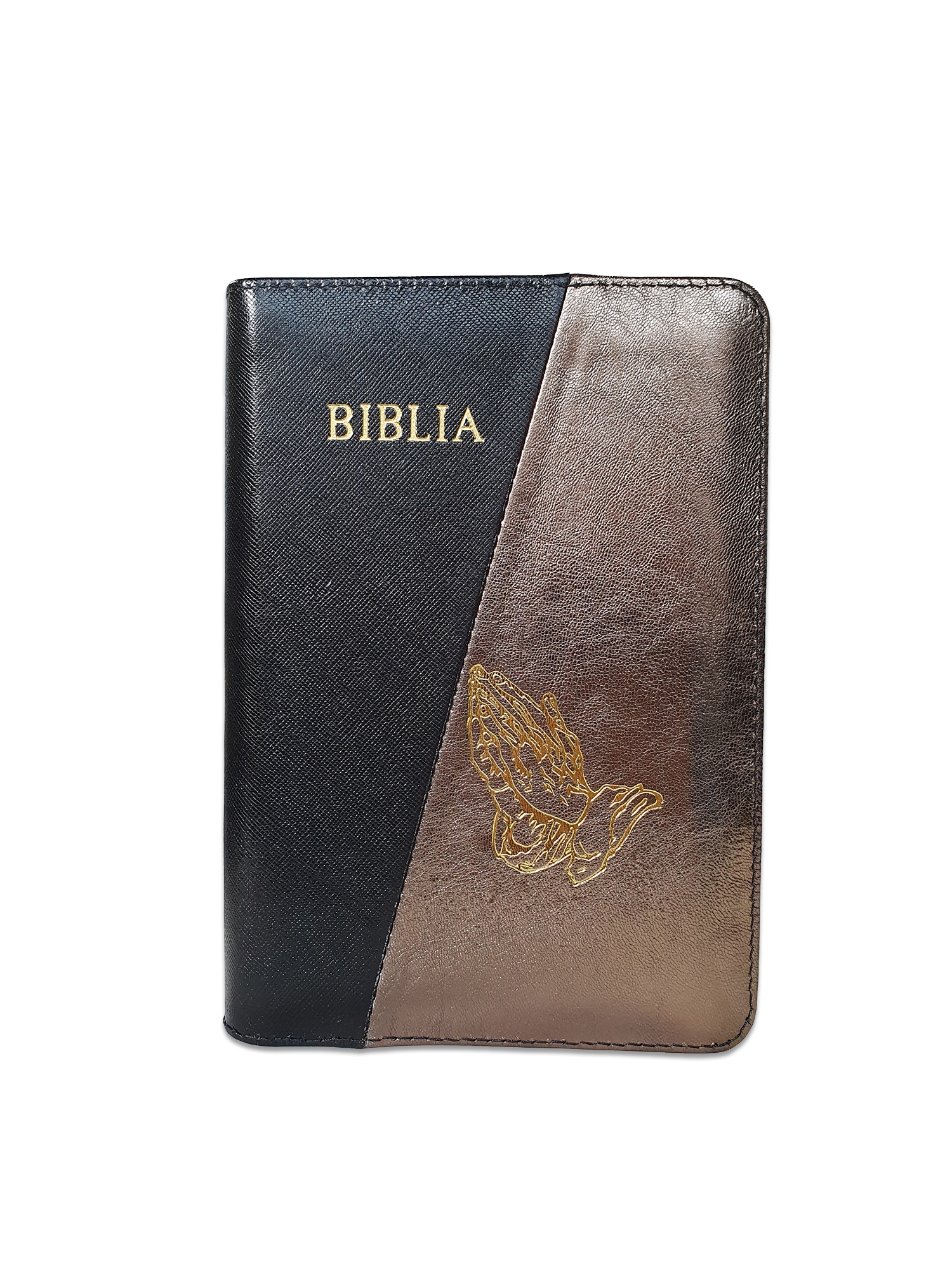 Biblie din piele, marime medie, culoare negru cu bronz sidefat, fermoar, maini in rugaciune, margini albe,cuv. lui Isus cu rosu [053]
