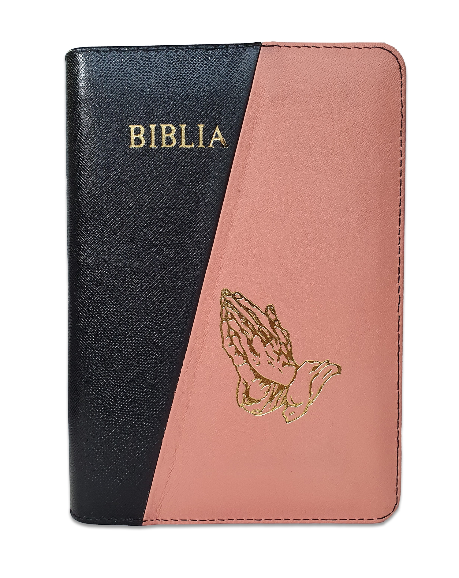 Biblie din piele, marime medie, culoare negru cu roz, fermoar, maini in rugaciune, margini albe,cuv. lui Isus cu rosu [053]