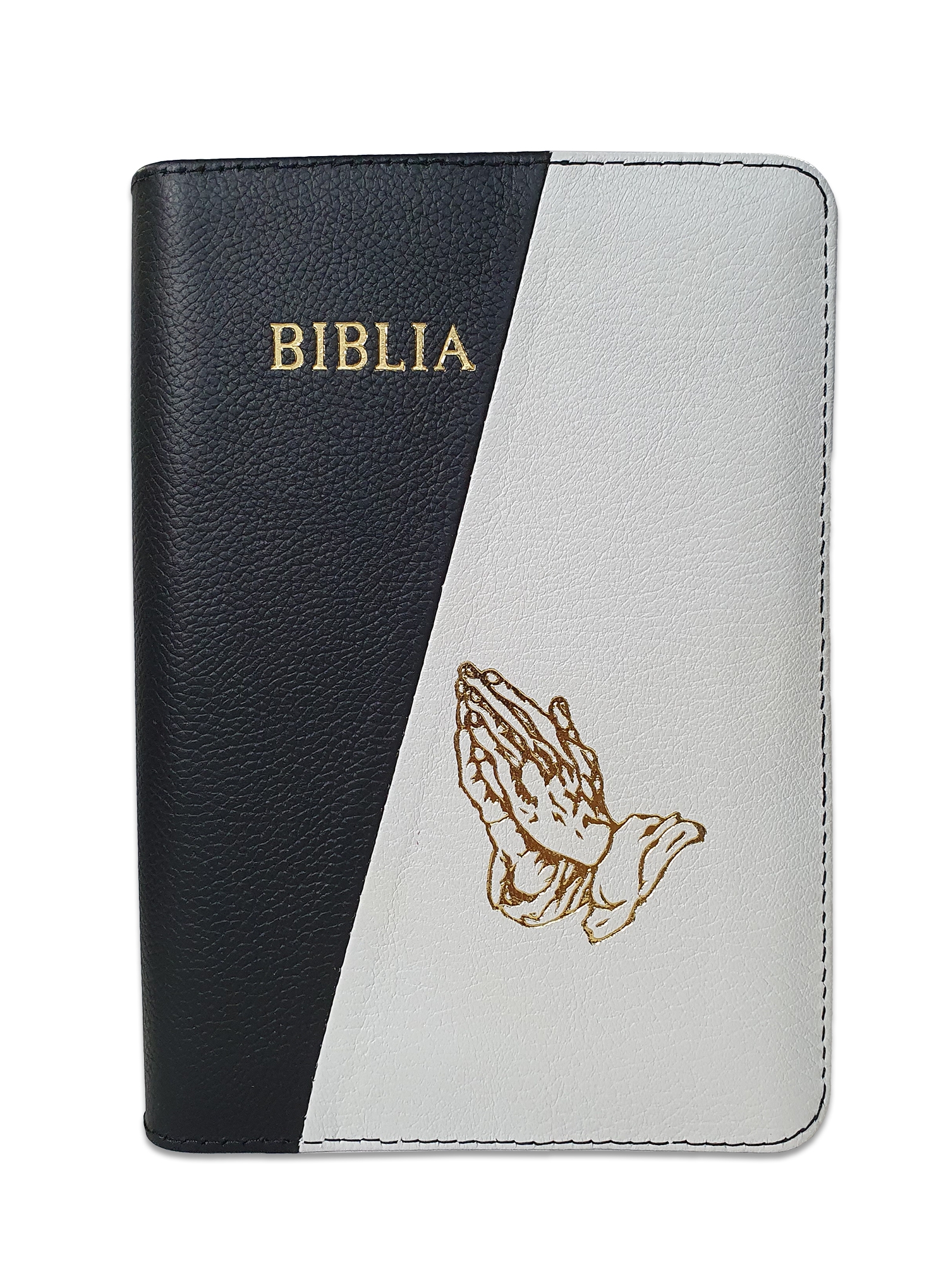 Biblie din piele, marime medie, culoare negru cu alb, fermoar, maini in rugaciune, margini albe,cuv. lui Isus cu rosu [053]