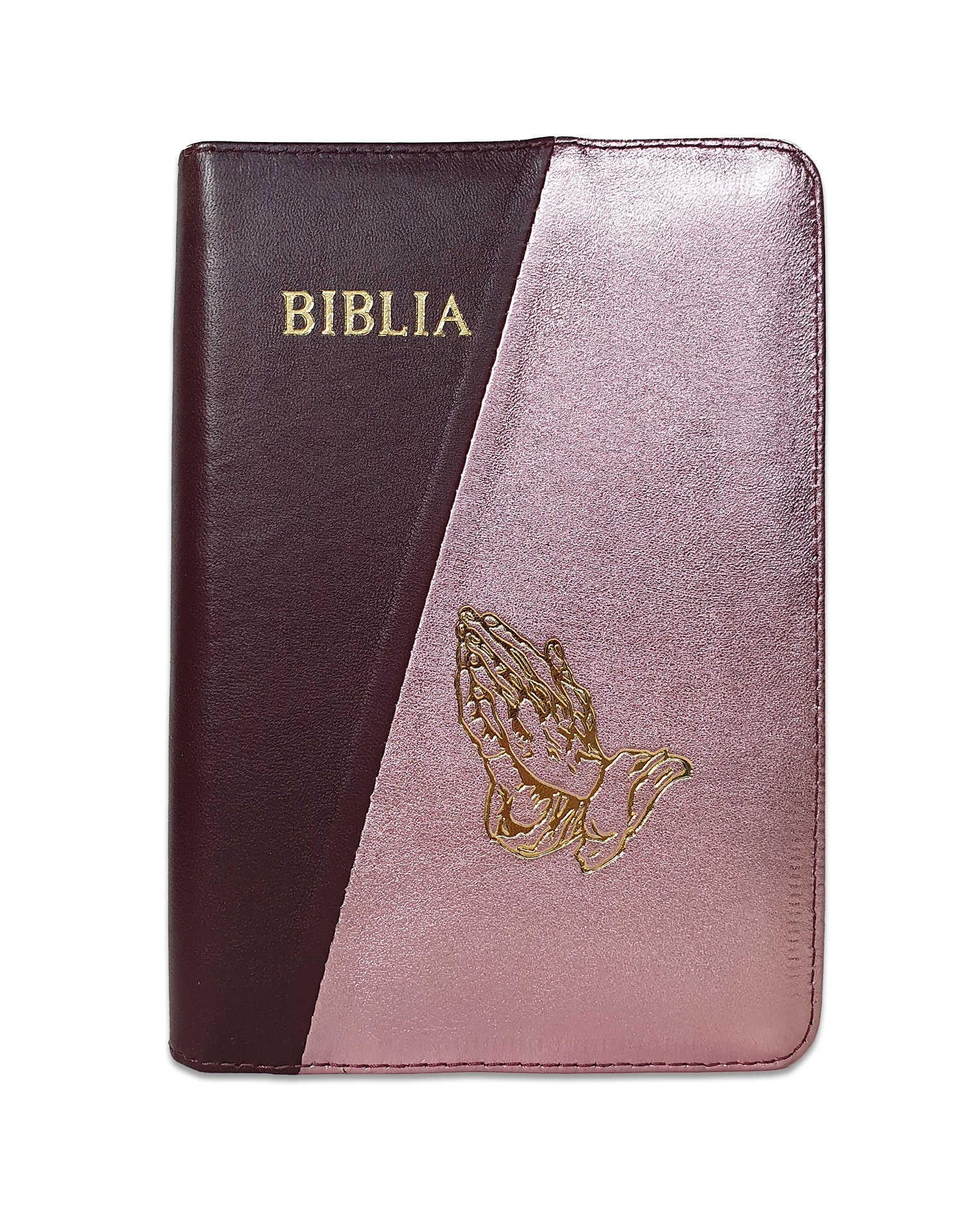 Biblie din piele, marime medie, culoare visiniu inchis cu roz sidefat, fermoar, maini in rugaciune, margini albe,cuv. lui Isus cu rosu [053]