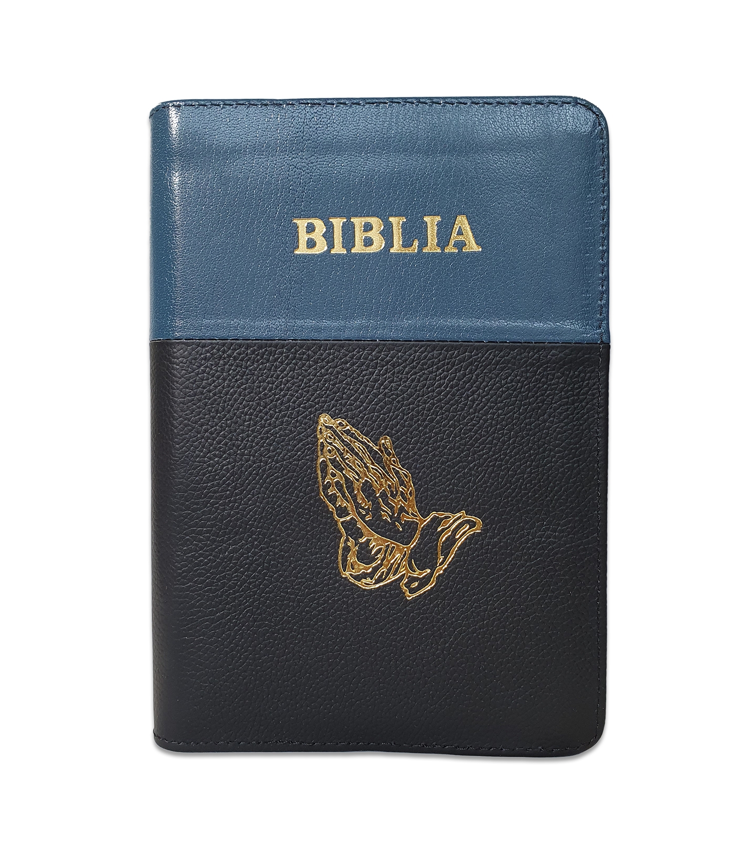 Biblie din piele, marime medie, culoare albastru mineral cu negru, fermoar, maini in rugaciune, margini albe,cuv. lui Isus cu rosu [053]